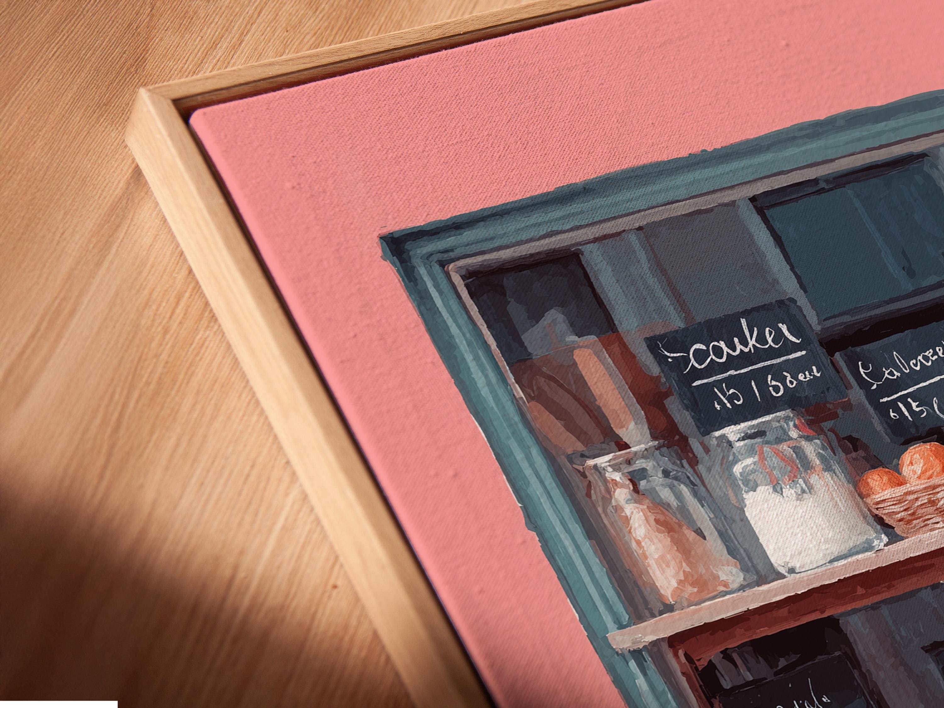 Pastel bakery window painting with pastries and handwritten menu signs detail view
