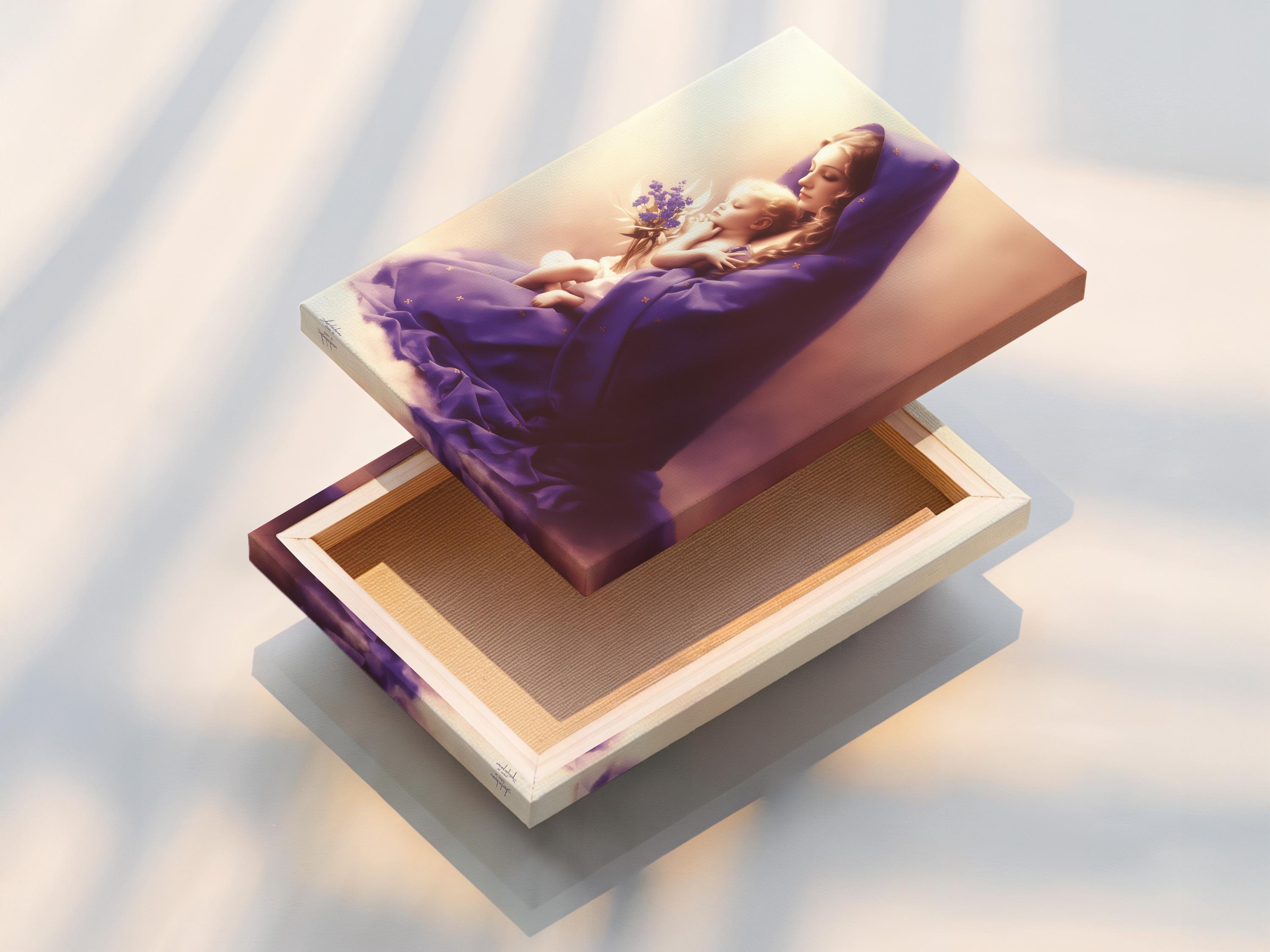 A softly lit Madonna figure in a purple veil holds a smiling baby, with a small bouquet of lilac flowers and delicate gold star-like marks detail view