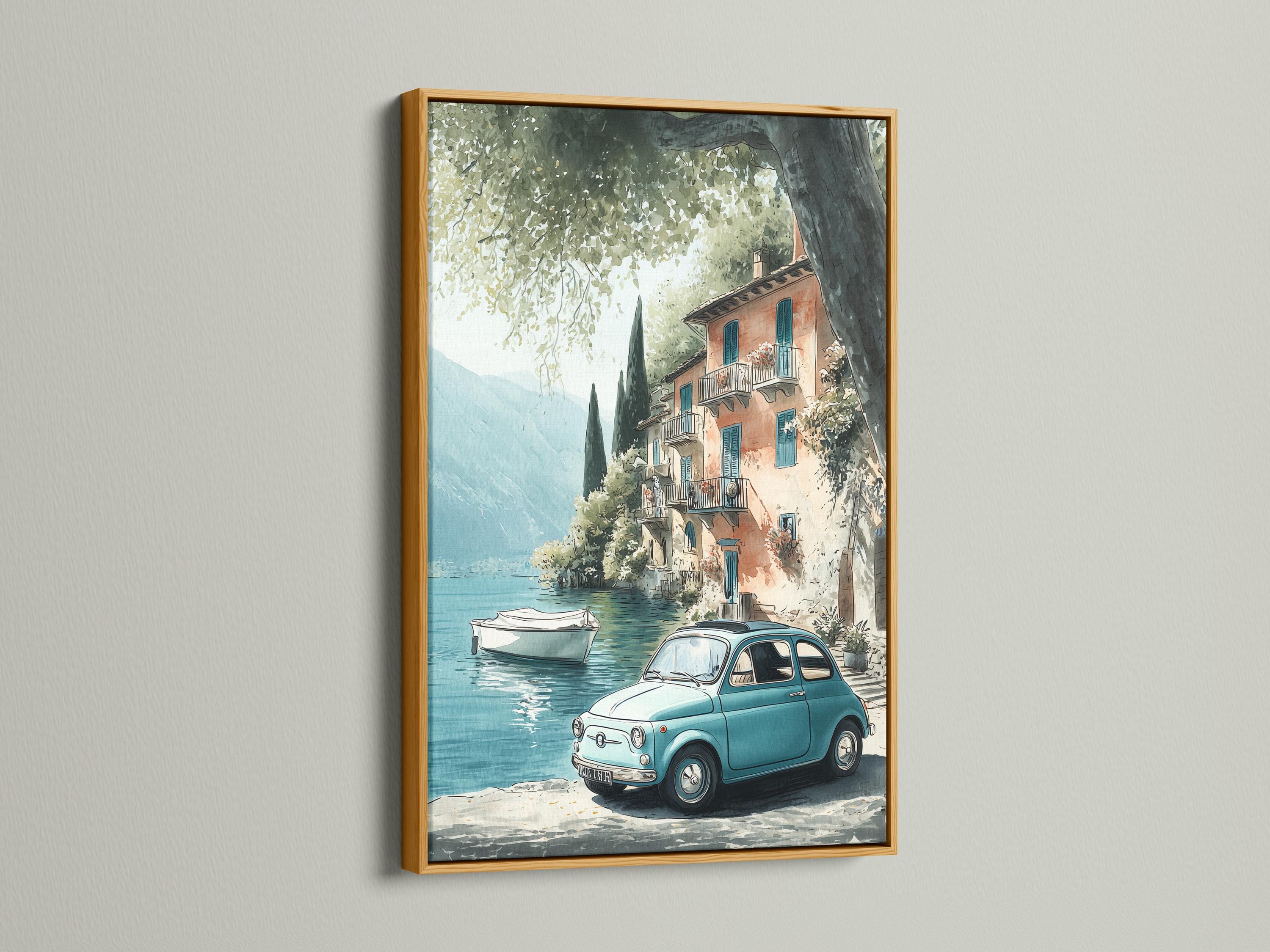 Painterly lakeside village scene with blue water, pastel houses, leafy trees and a light-blue vintage car detail view