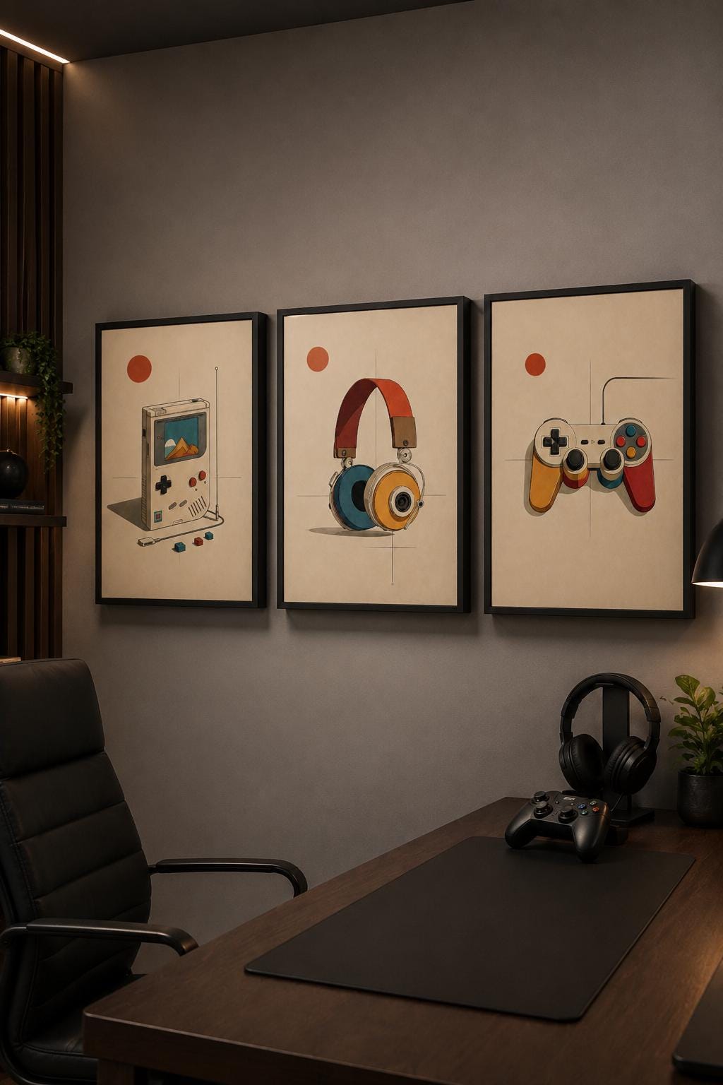 Room mockup with three retro gaming prints on the wall above a sofa