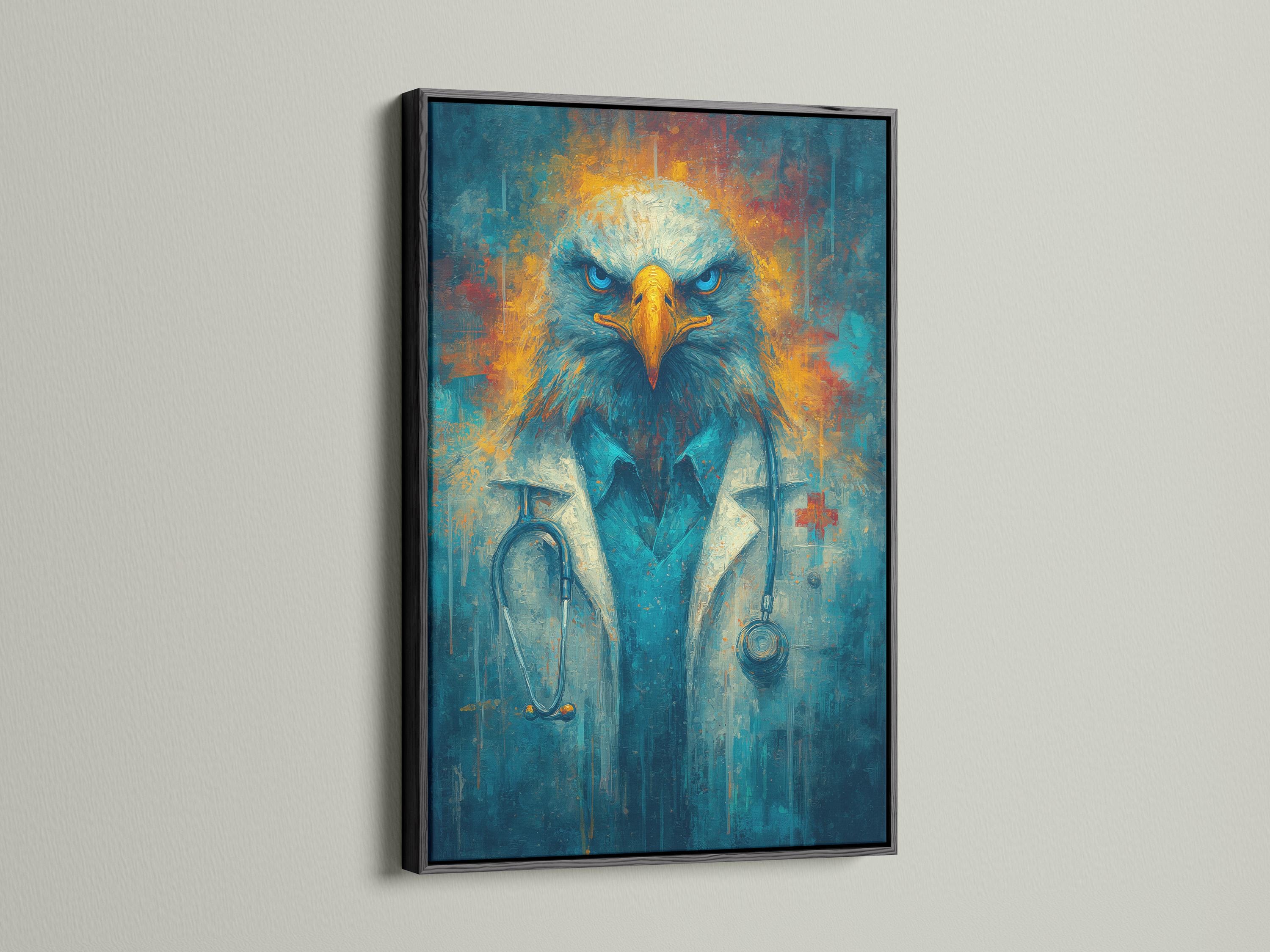 Stylised eagle portrait with vivid blue eyes and gold beak on a textured teal background detail view