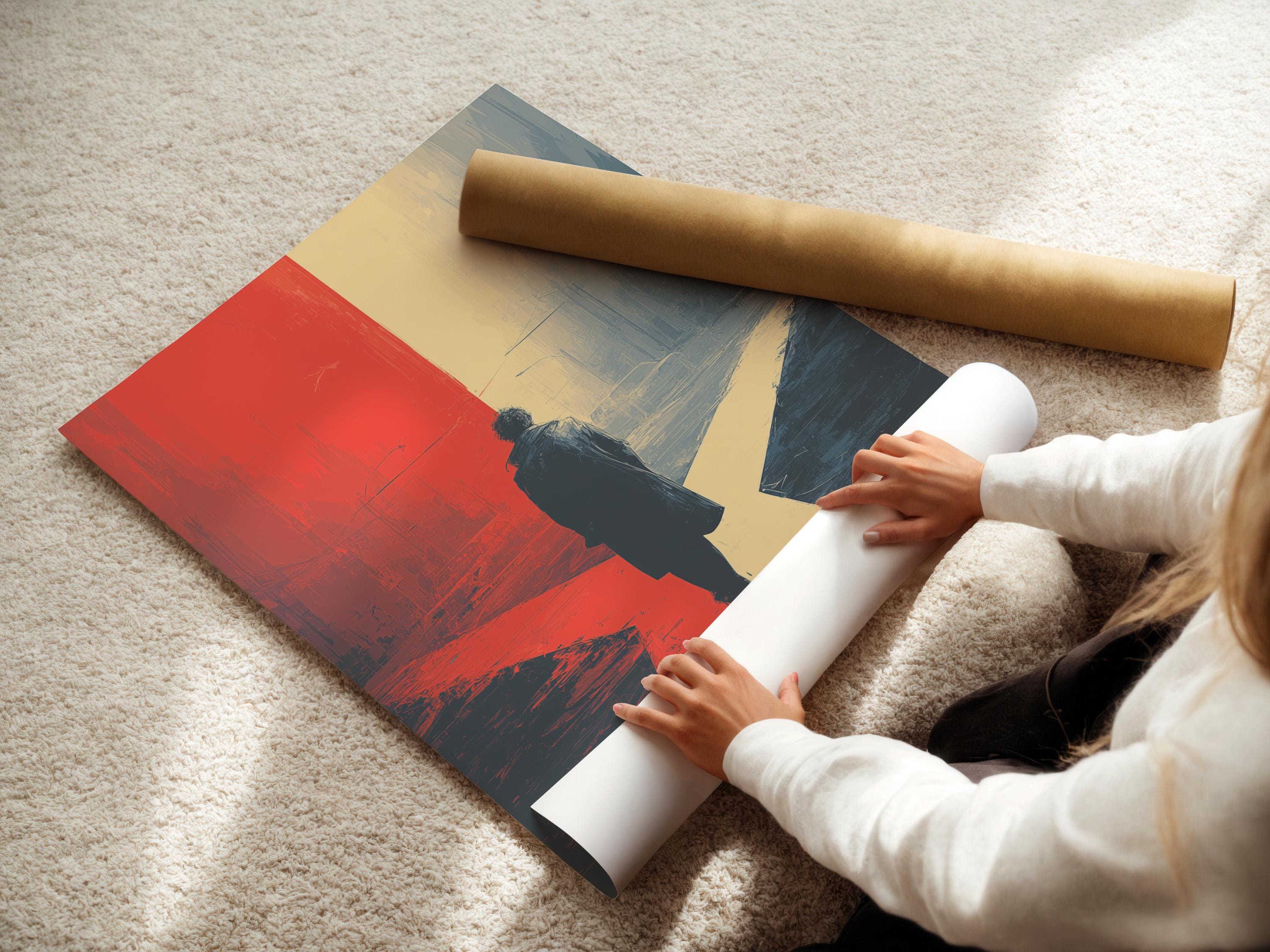 Portrait artwork showing a solitary figure walking away through a red and blue urban-style scene detail view