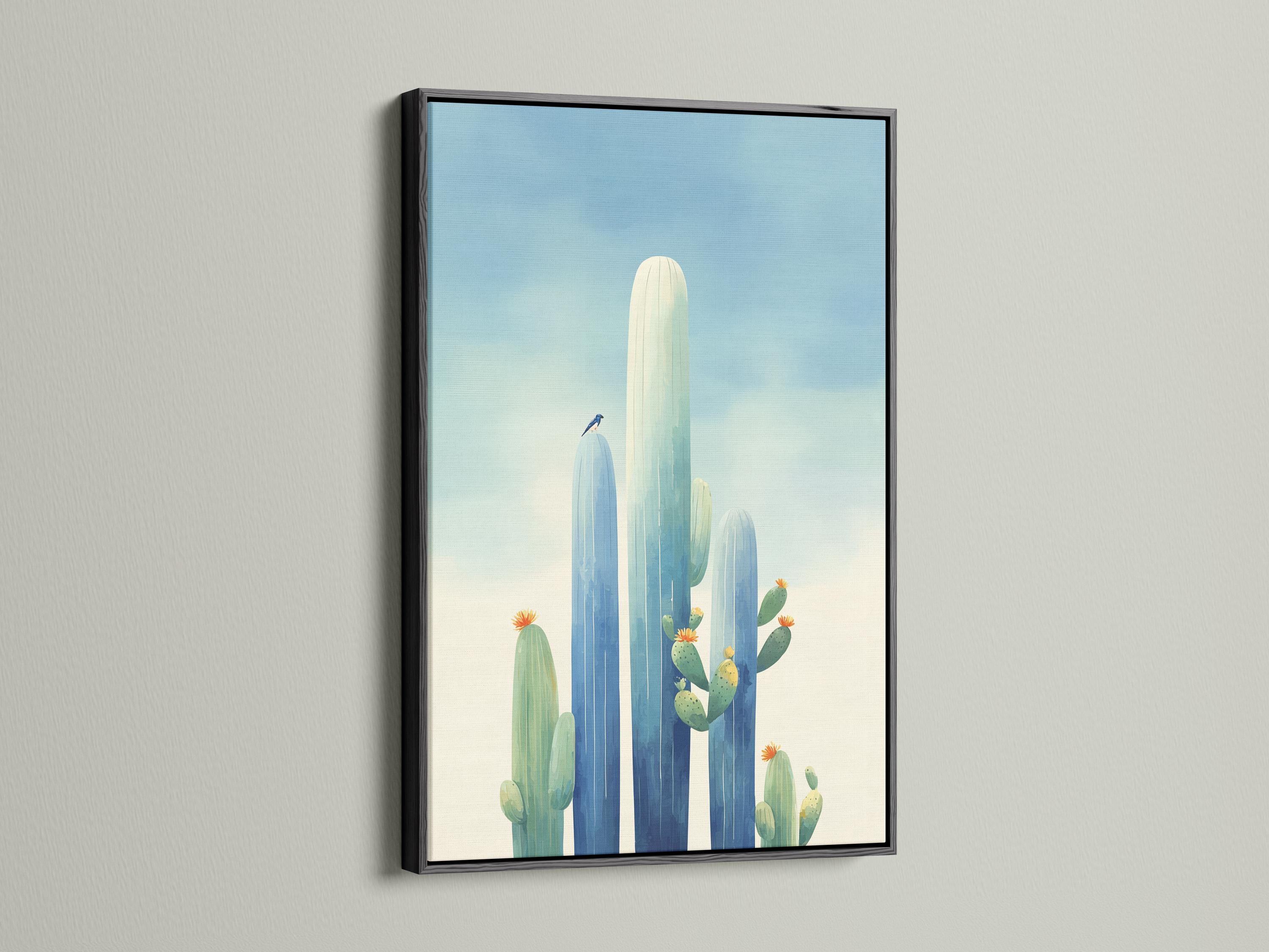Framed cactus desert artwork with tall blue-green cacti and small orange blossoms against a pale blue sky detail view