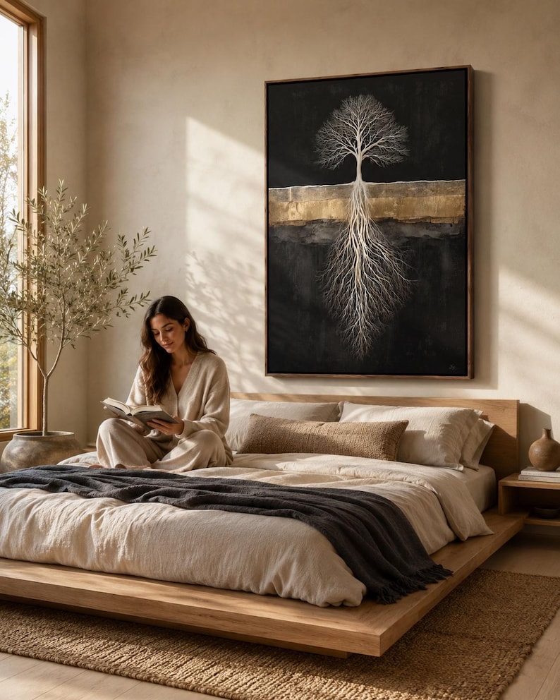 Dark tree roots artwork with pale ivory branches and roots over gold and grey bands