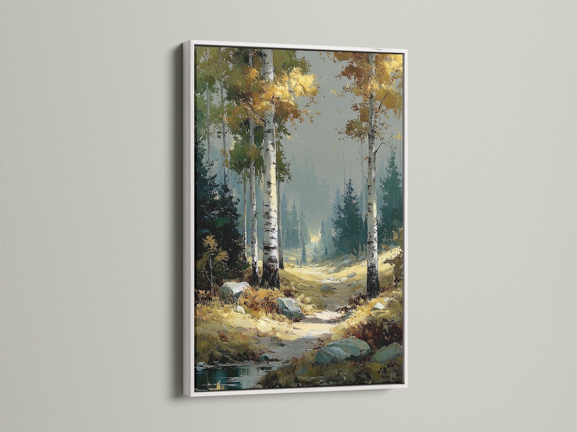 Painterly autumn birch forest landscape with tall tree trunks and a winding woodland path detail view
