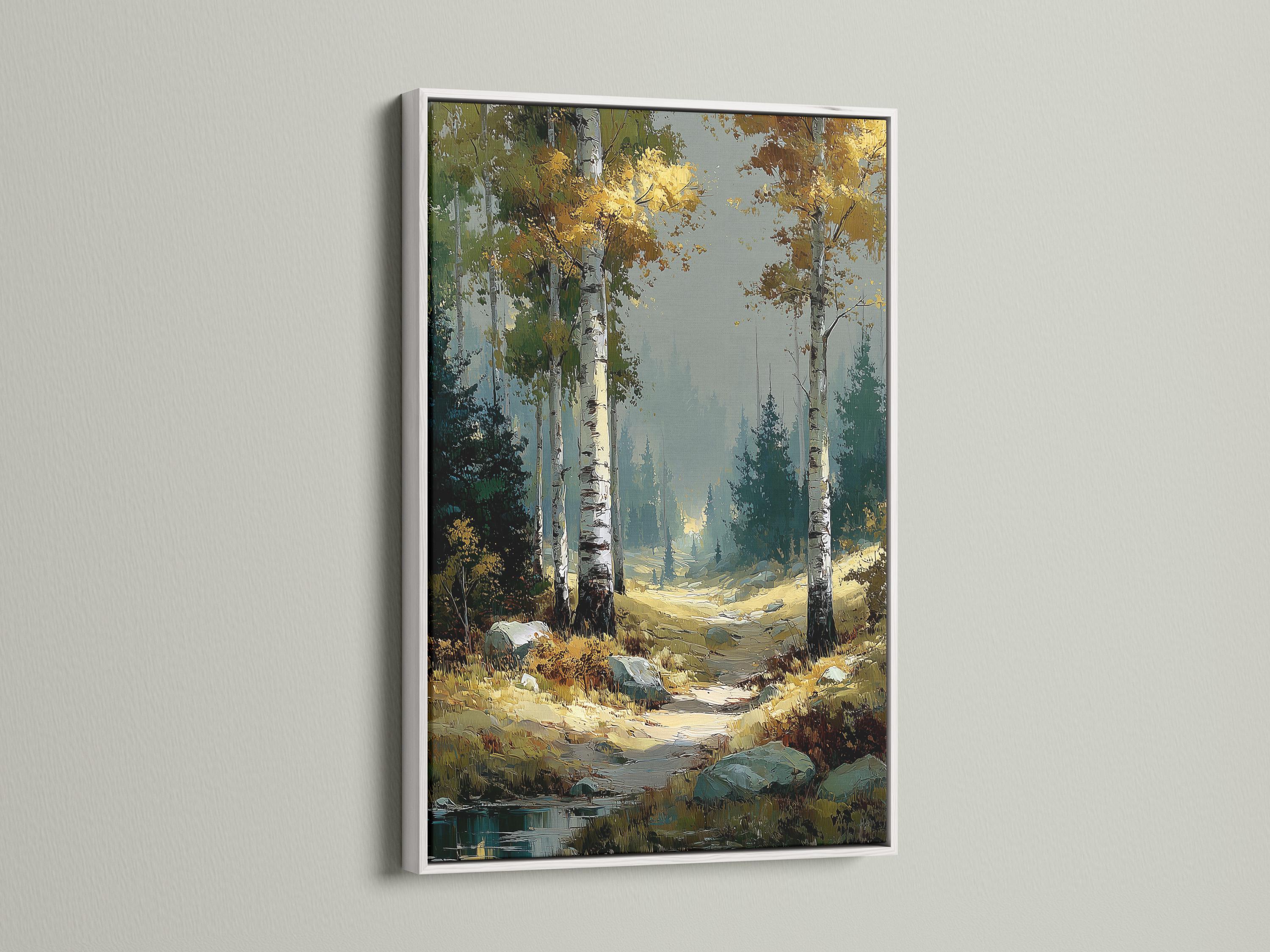 Painterly autumn birch forest landscape with tall tree trunks and a winding woodland path detail view
