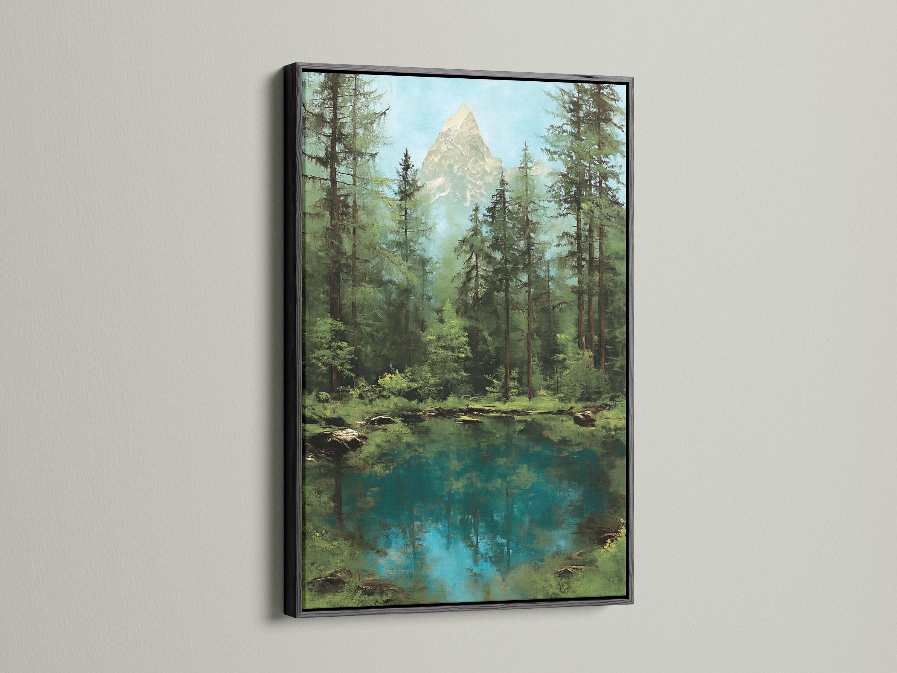 Forest mountain lake artwork shown in a room mockup with framed image