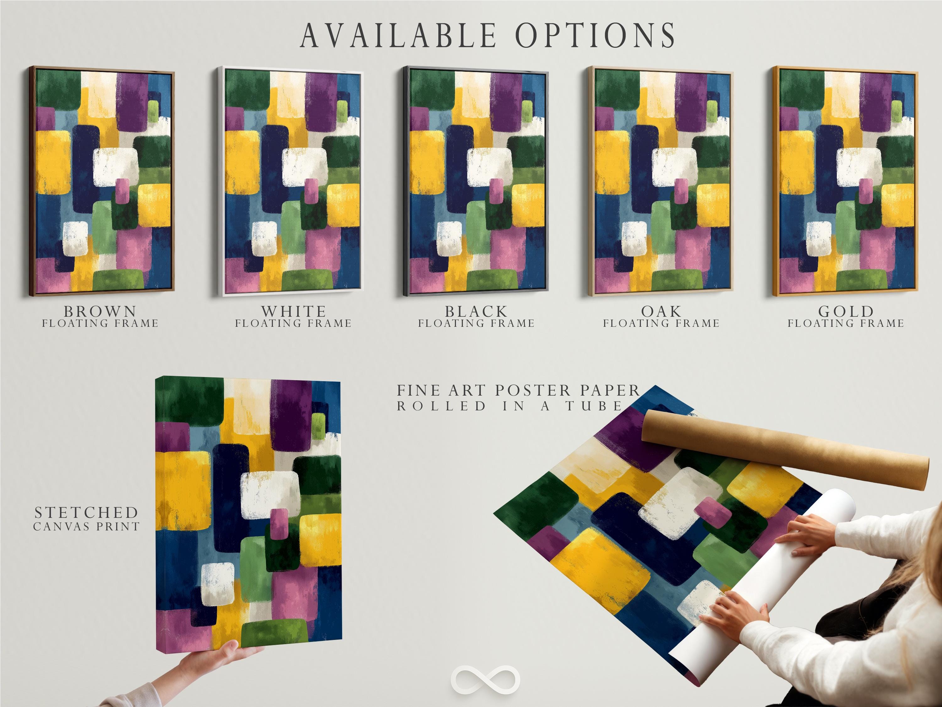 A framed geometric abstract artwork features overlapping colourful blocks—green, yellow, purple, blue and white—arranged in an irregular, layered