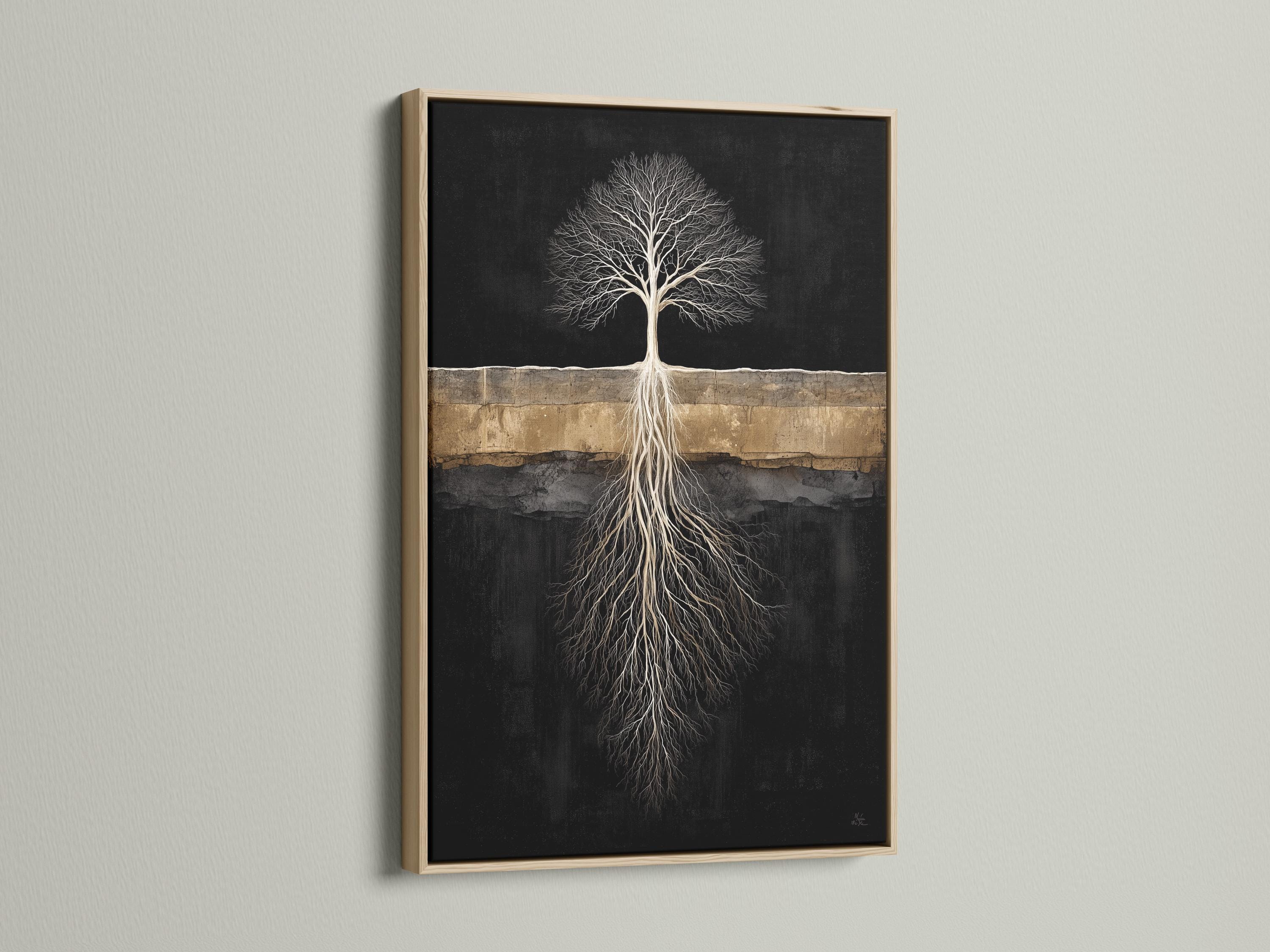 Room mockup with a person reading and a dark tree roots artwork above a bed