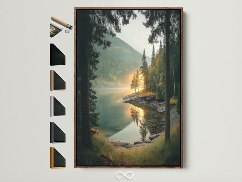 Landscape artwork of a misty lake with evergreen trees and sunrise reflections