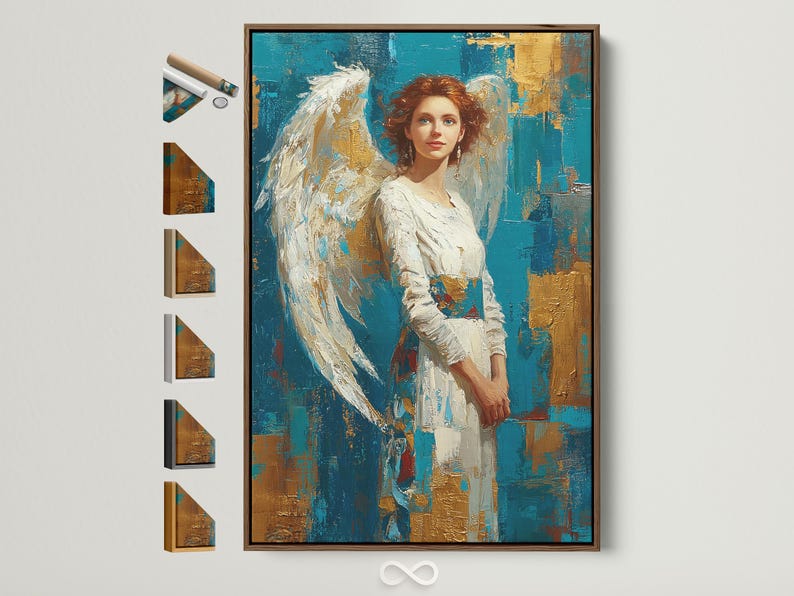 A teal and gold portrait of a woman with white angel wings, rendered in a painterly style with textured, gold-flecked background blocks