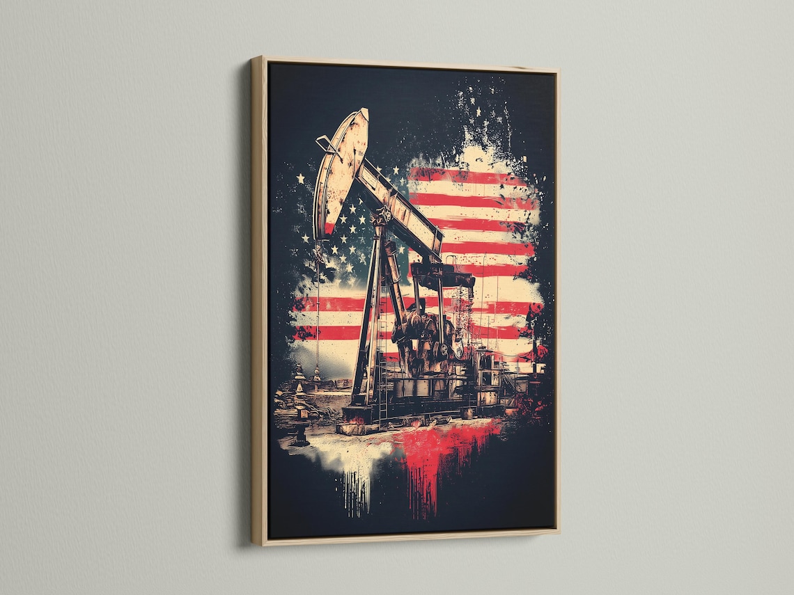 Oil rig with an American flag backdrop in red, white and blue, shown in a distressed industrial style detail view