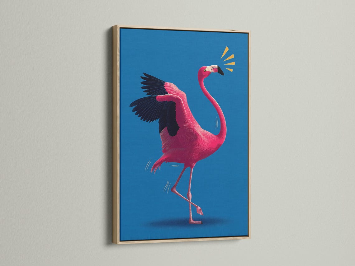 Stylised hot pink flamingo in profile on a vivid blue background with gold spark accents detail view