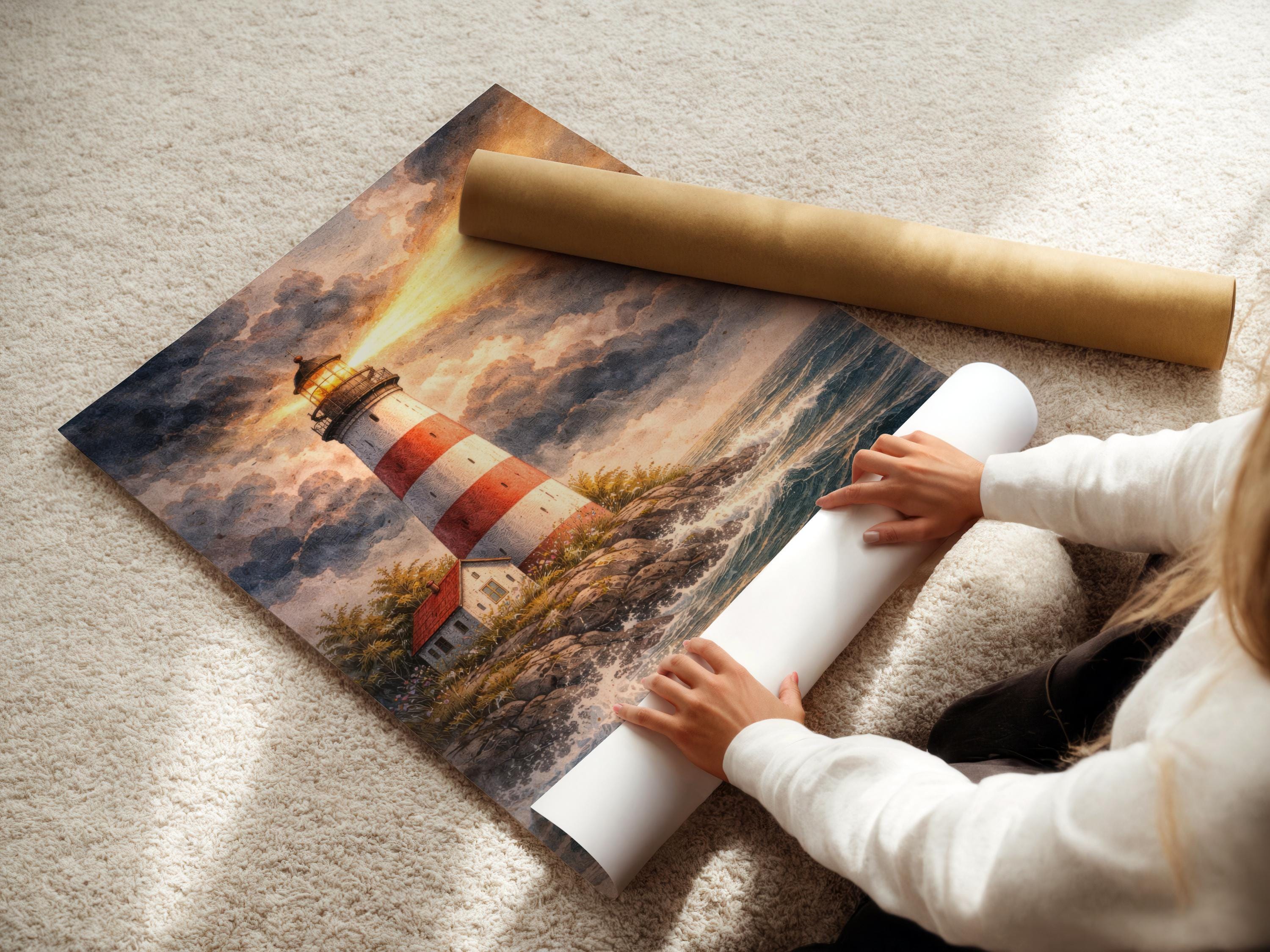 Lighthouse on a rocky coast in a stormy seascape with dark clouds and a warm golden beam detail view