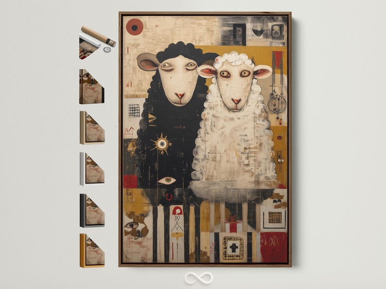 Sheep duo artwork with beige and black textured background and two off-white sheep faces