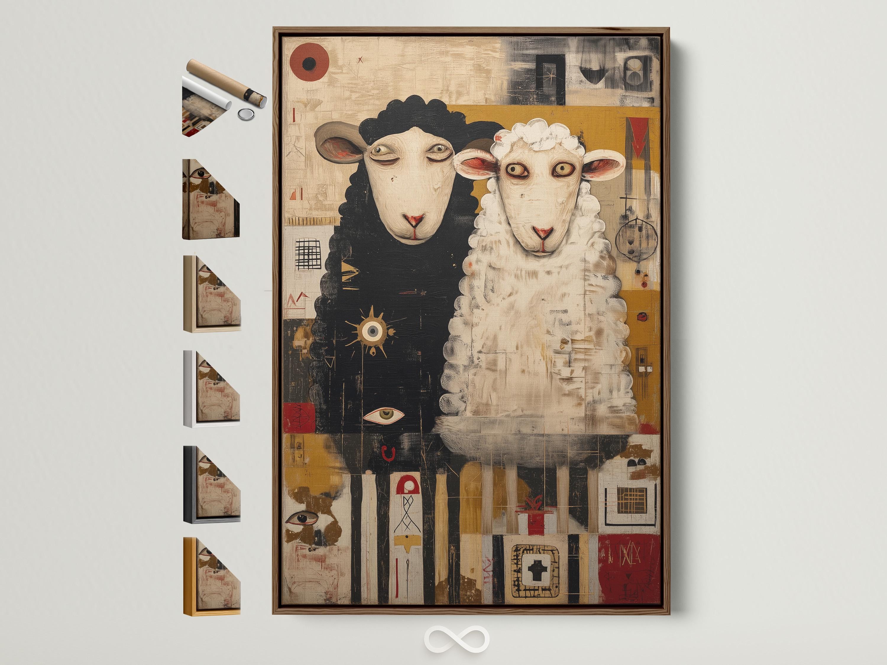 Sheep duo artwork with beige and black textured background and two off-white sheep faces