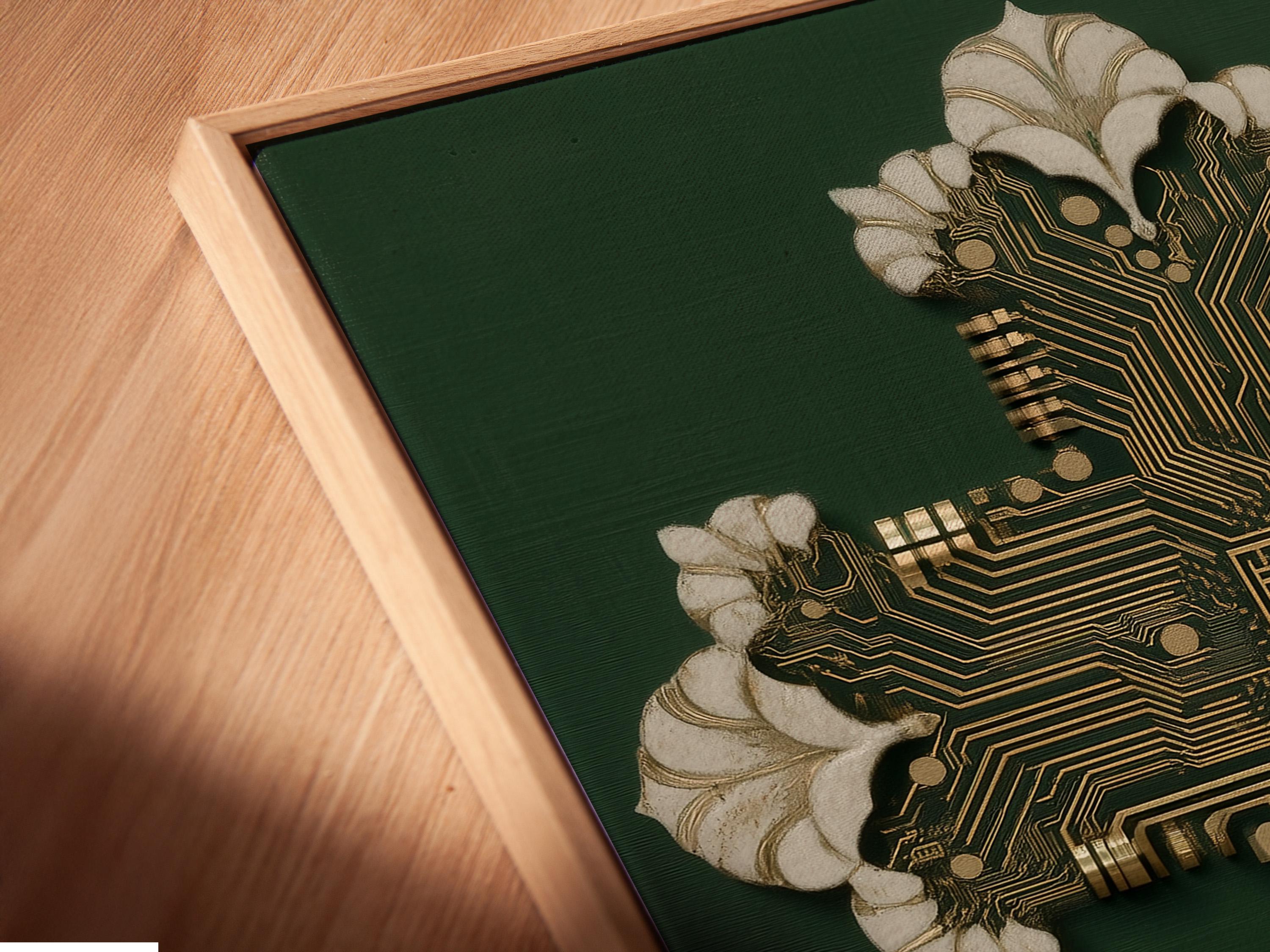 Gold circuit-board cross motif on a deep green background with white petal-like accents detail view