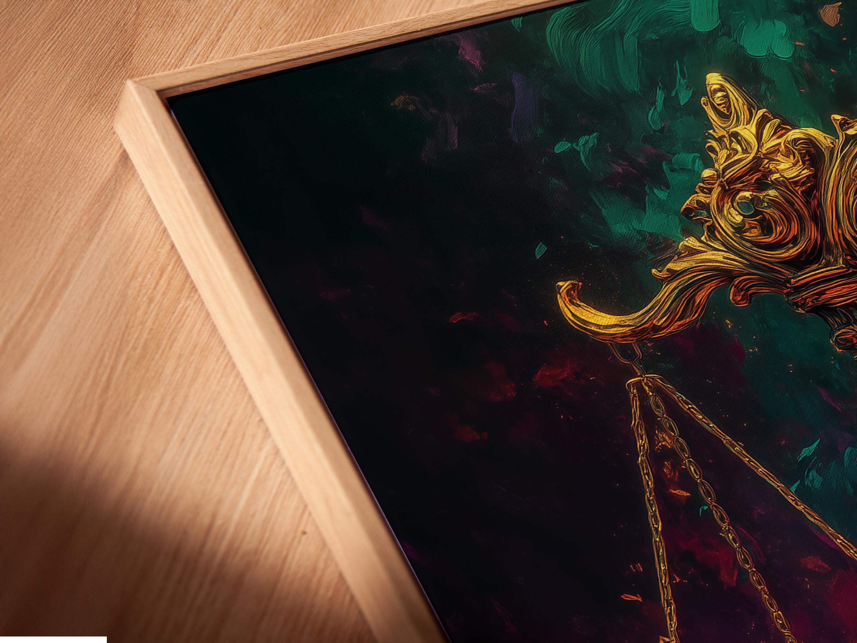 Framed artwork mockup showing ornate gold scales of justice against a smoky purple and green background