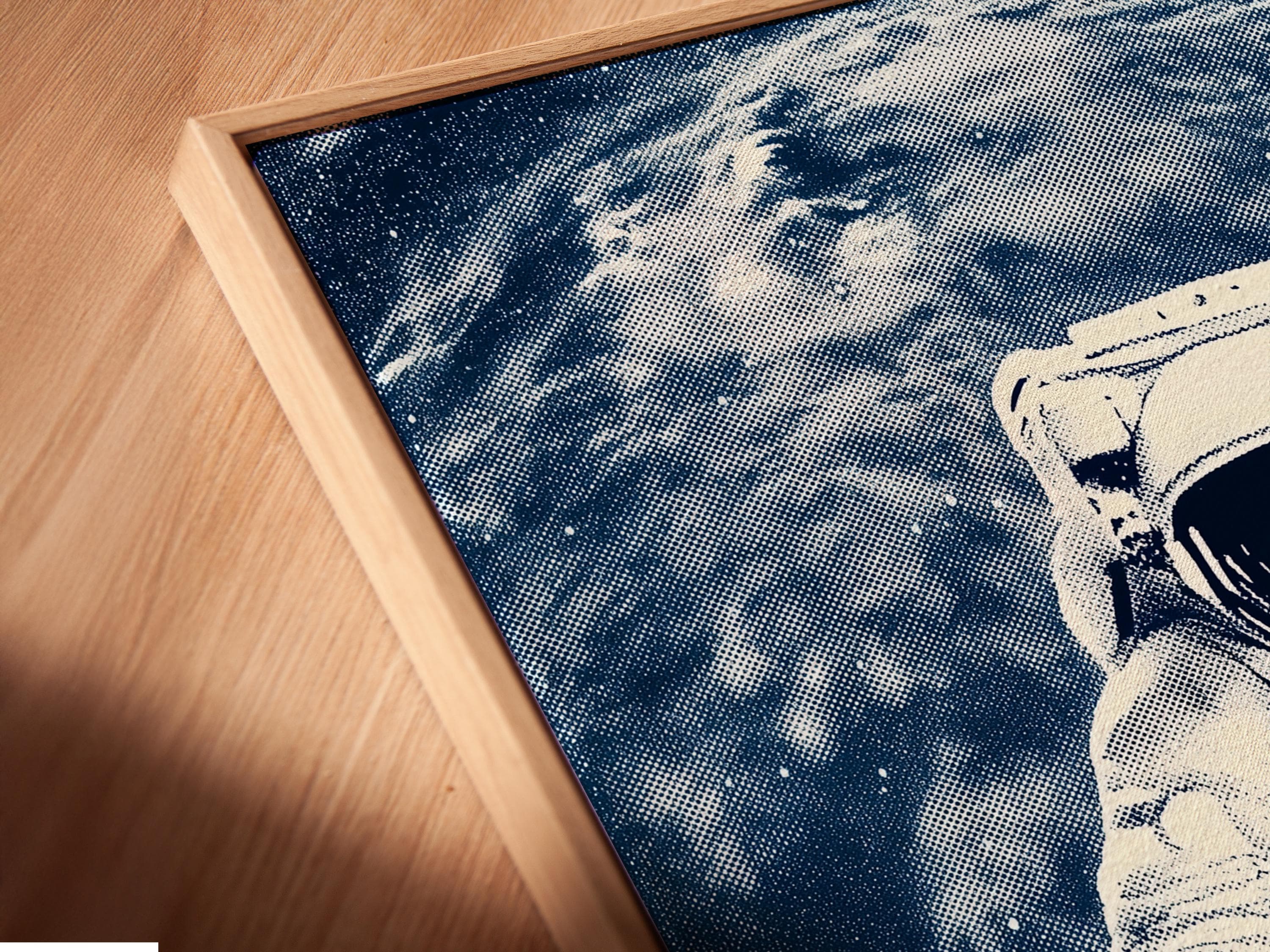 Stylised astronaut running through a deep indigo galaxy with a bright planet arc and stars detail view