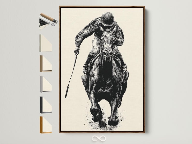 Black and white illustration of a helmeted polo rider on a horse with a raised mallet