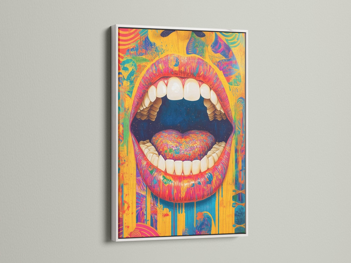 Surreal pop-art mouth with detailed teeth and a bright heart centre in vibrant colour blocks detail view