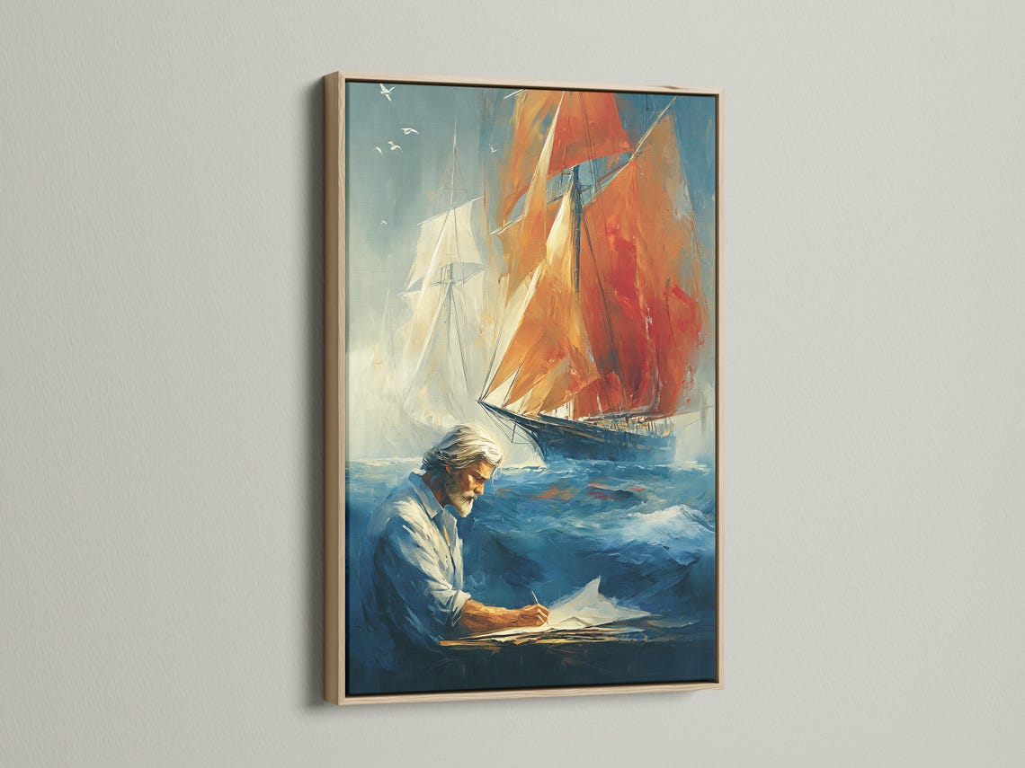 Painterly sailboat maritime scene with a red-orange sail and a man writing detail view