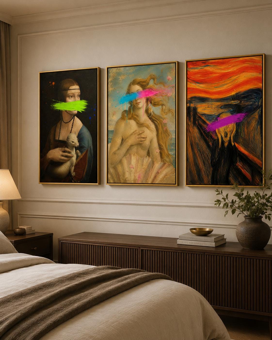 Three framed classical portrait panels with neon brushstrokes across the faces and eyes detail view
