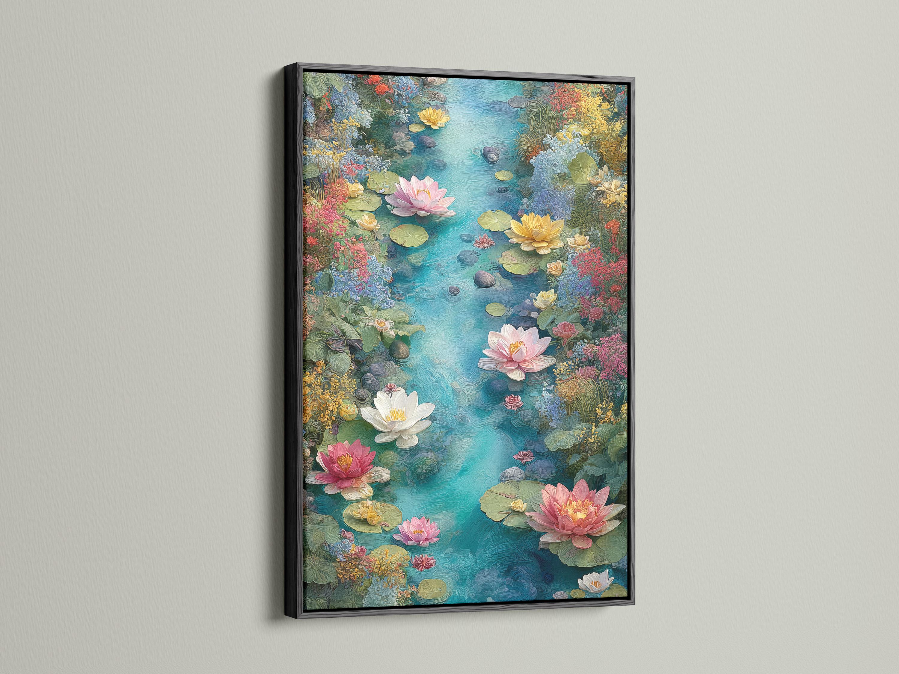 Lotus pond floral wall artwork mockup with teal water and pink blooms