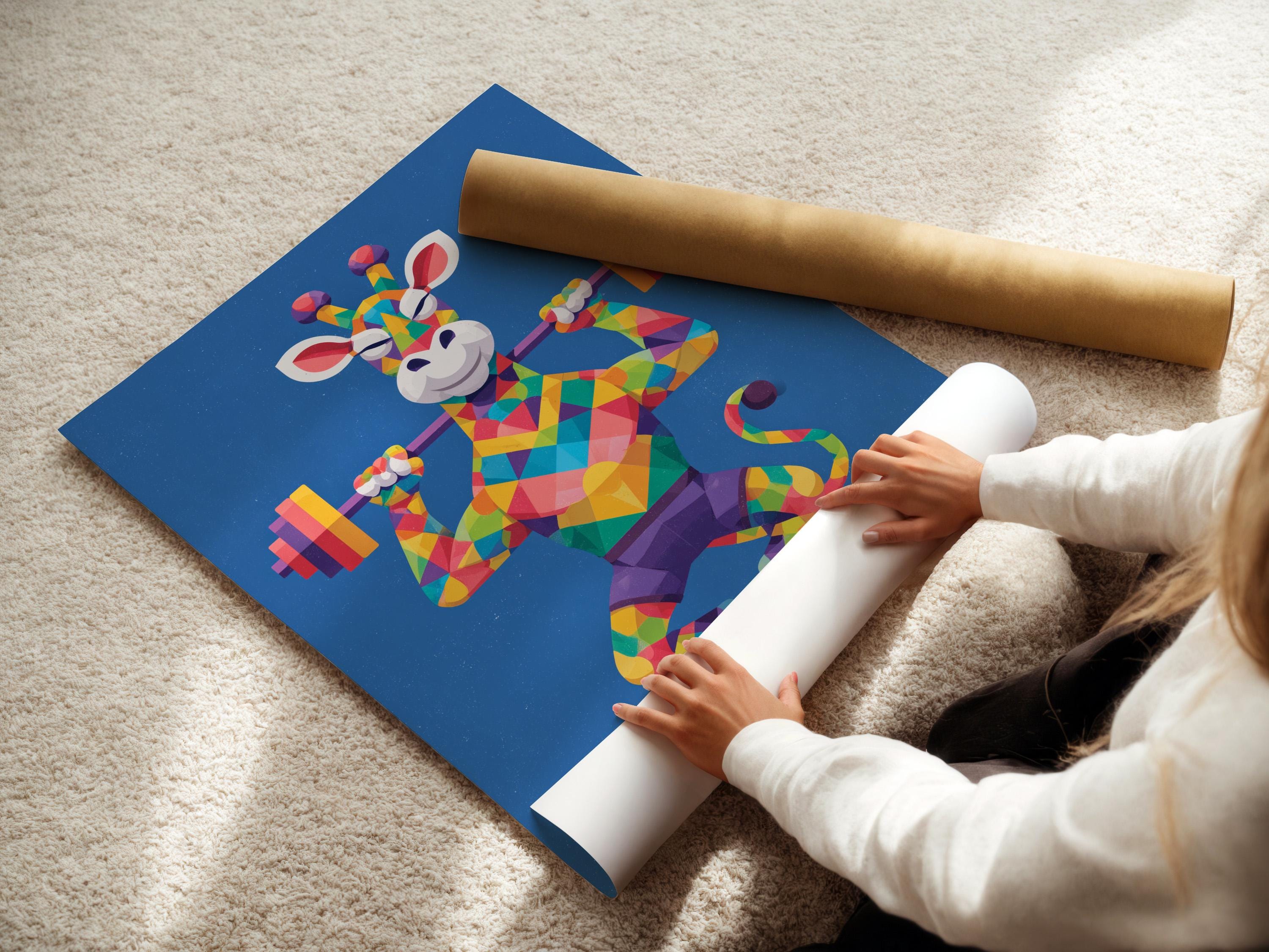 Geometric giraffe lifting dumbbells in bright multicolour polygons on a blue background detail view