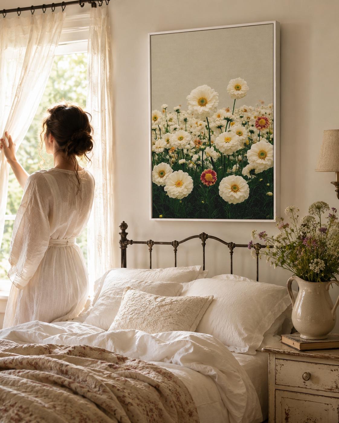 Room mockup showing a person holding flowers beside framed daisy meadow artwork