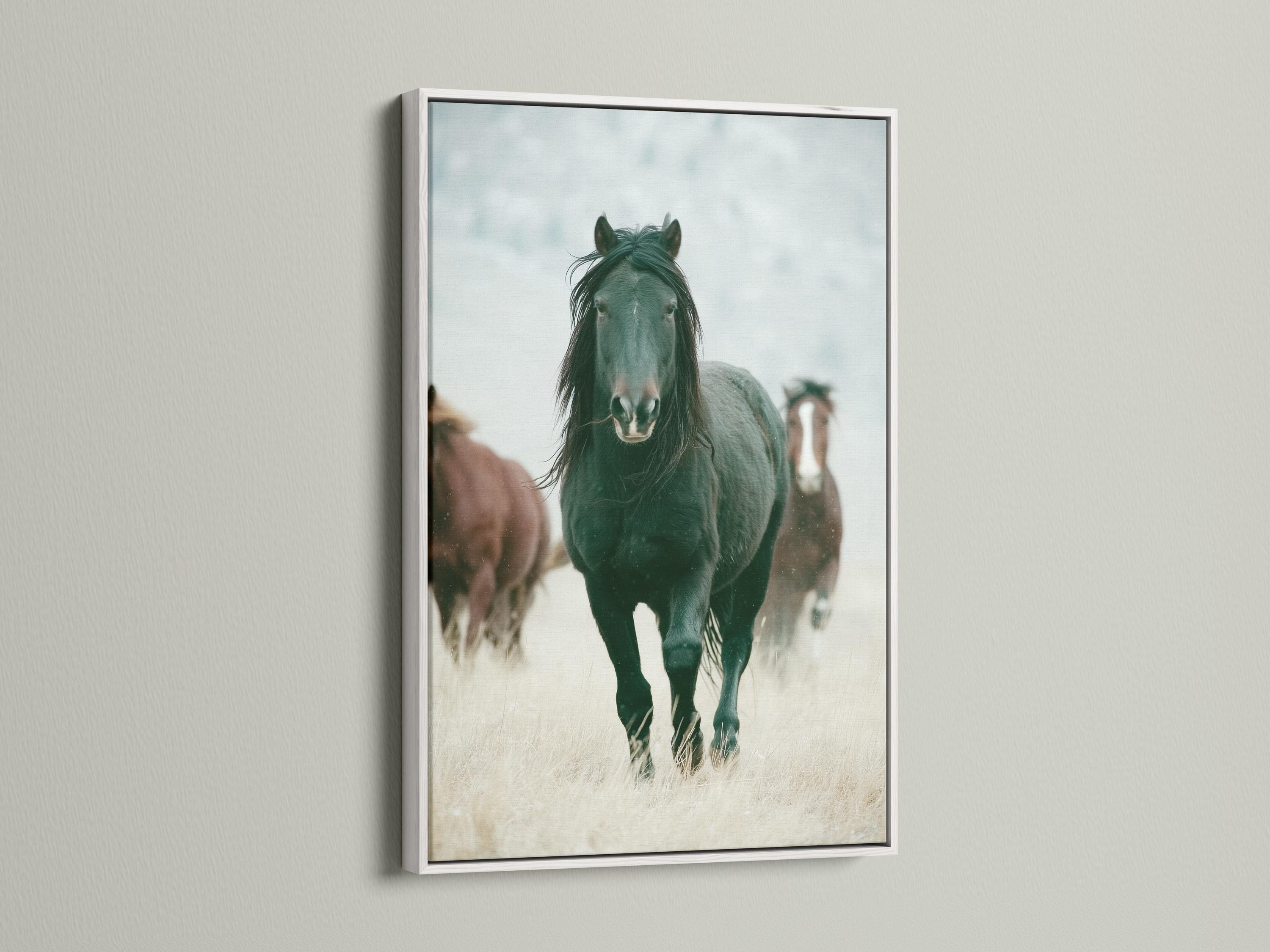 Muted green horse portrait with a pale misty background and a blurred second horse detail view