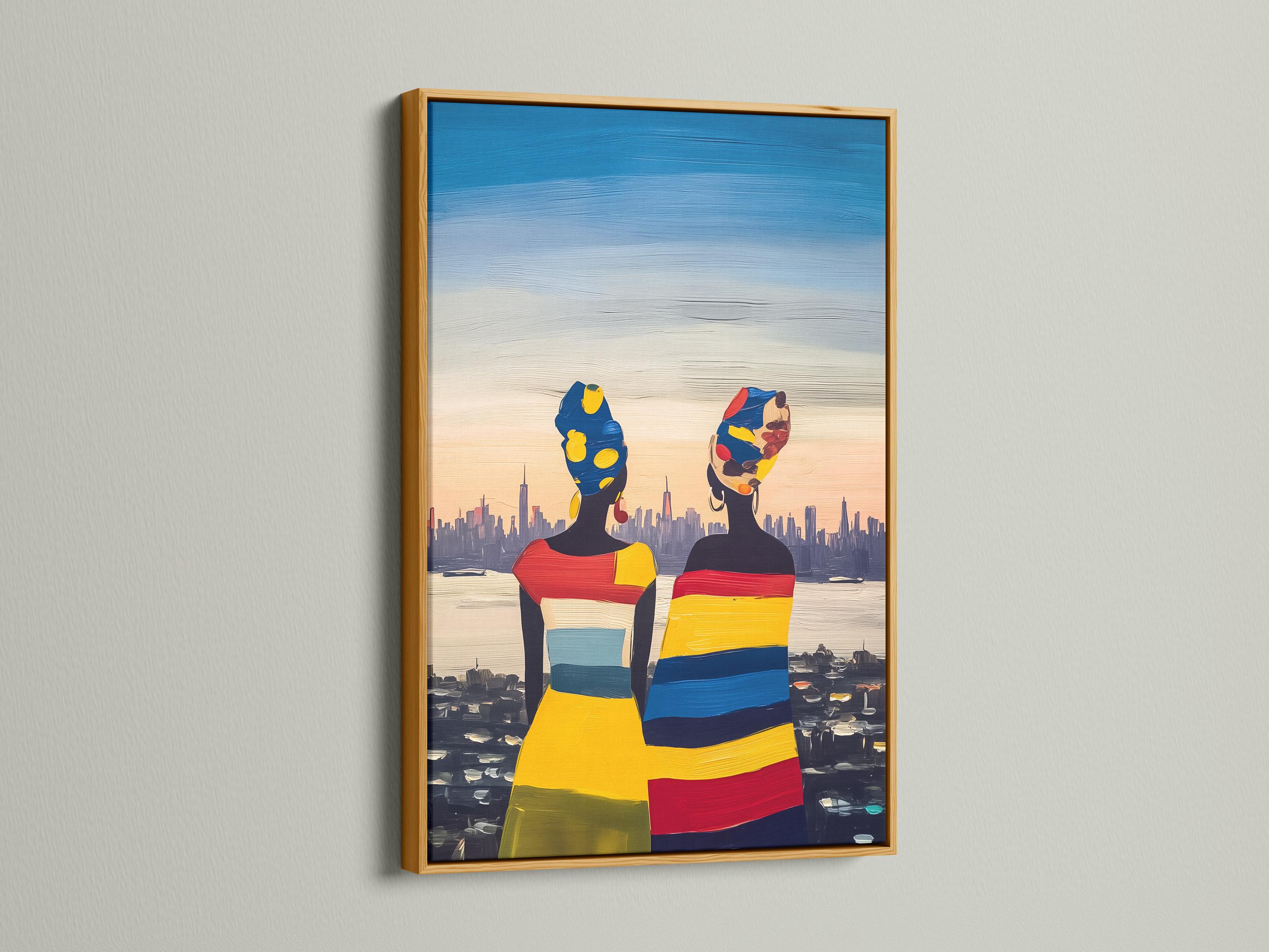 Framed artwork mockup showing two stylised women figures in bright colours with a city skyline background