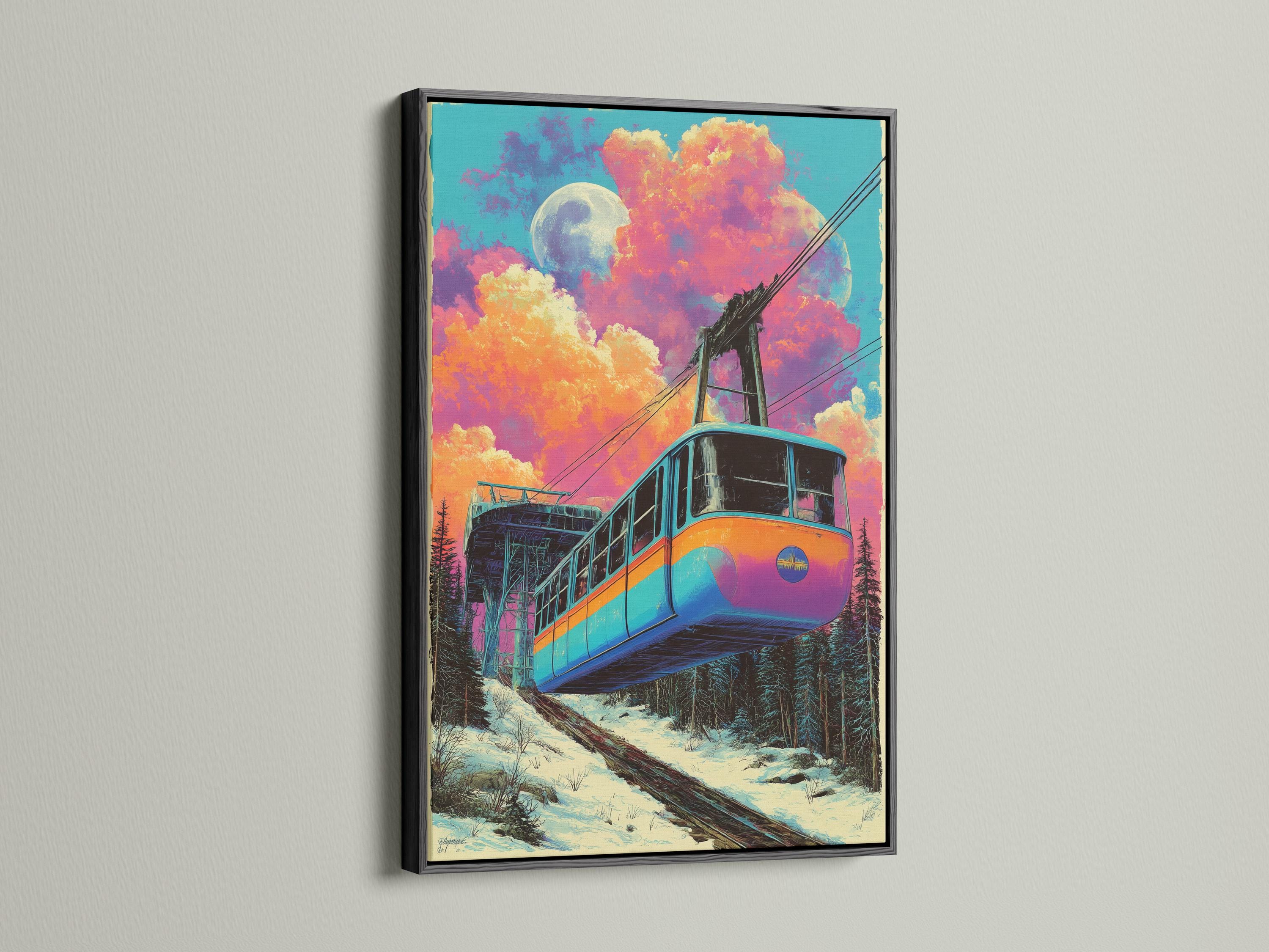 Retro stylised train on snowy tracks under a large moon and colourful night clouds detail view