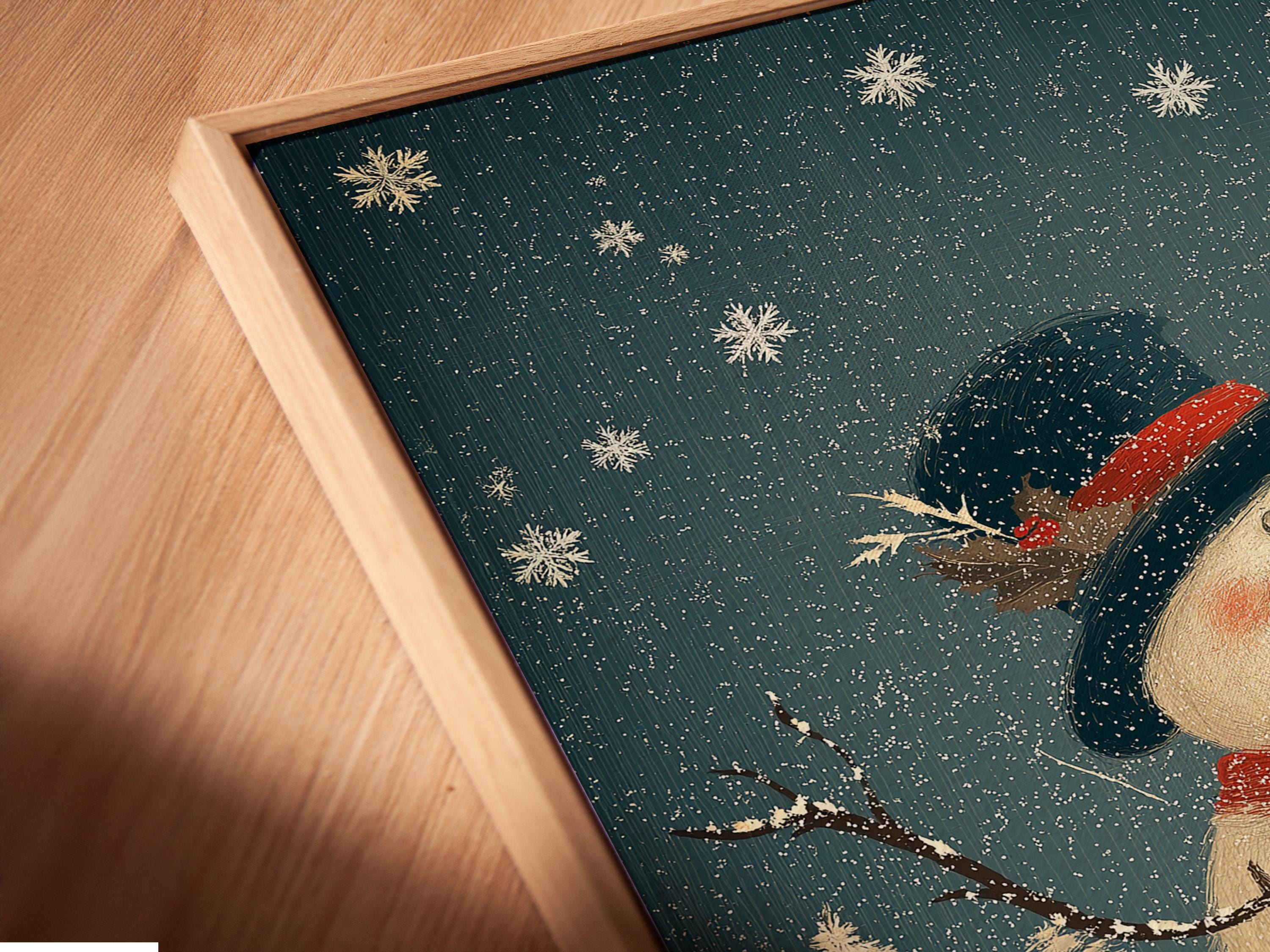 Smiling snowman with red scarf and dark hat in a snowy pine forest with falling snow detail view