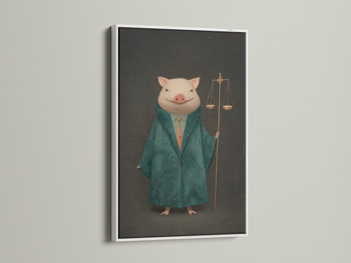 A pig in a teal suit with hanging gold scales on a dark textured background detail view