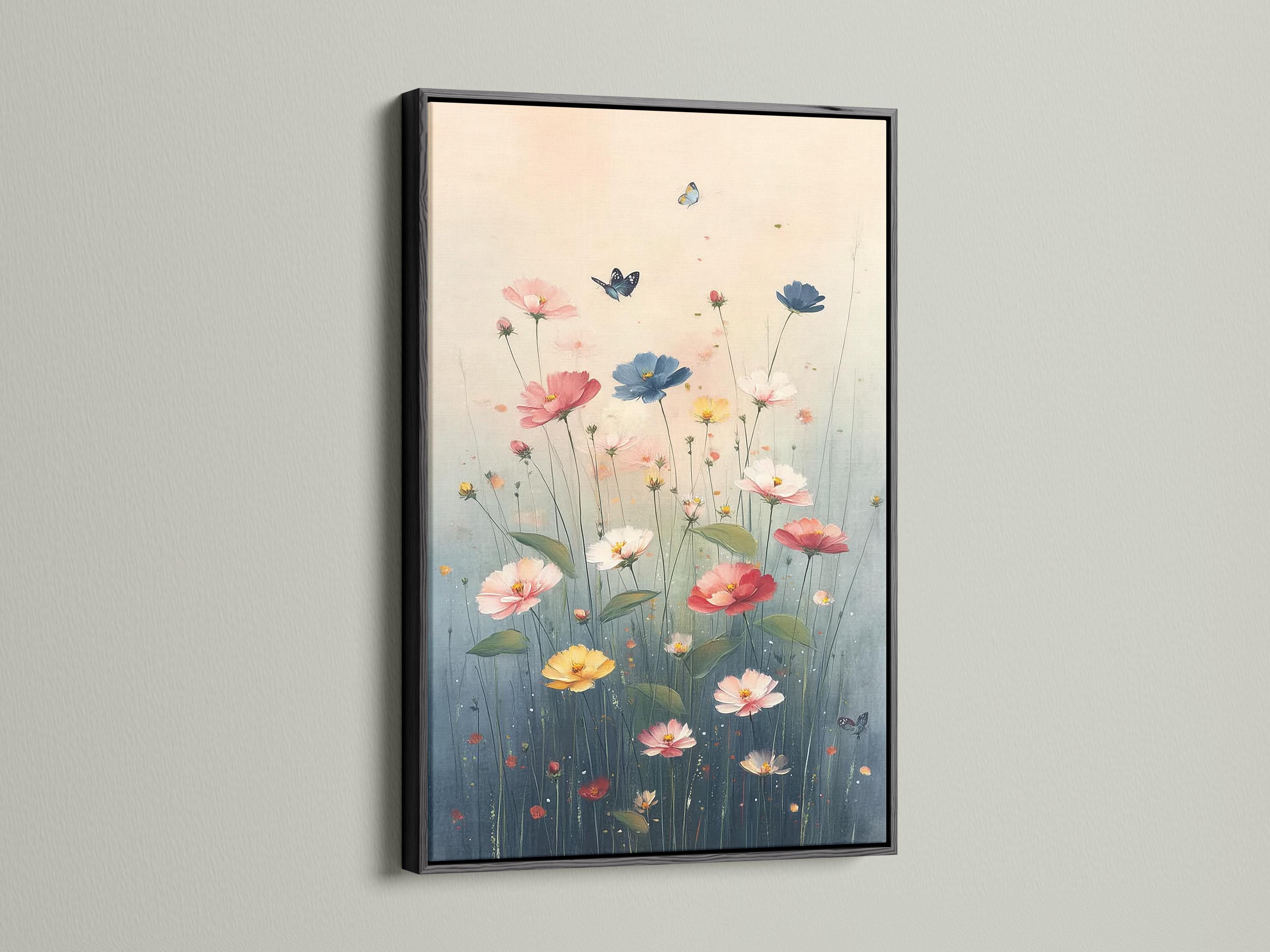 Pastel meadow flowers with butterflies floating above blue-green stems detail view
