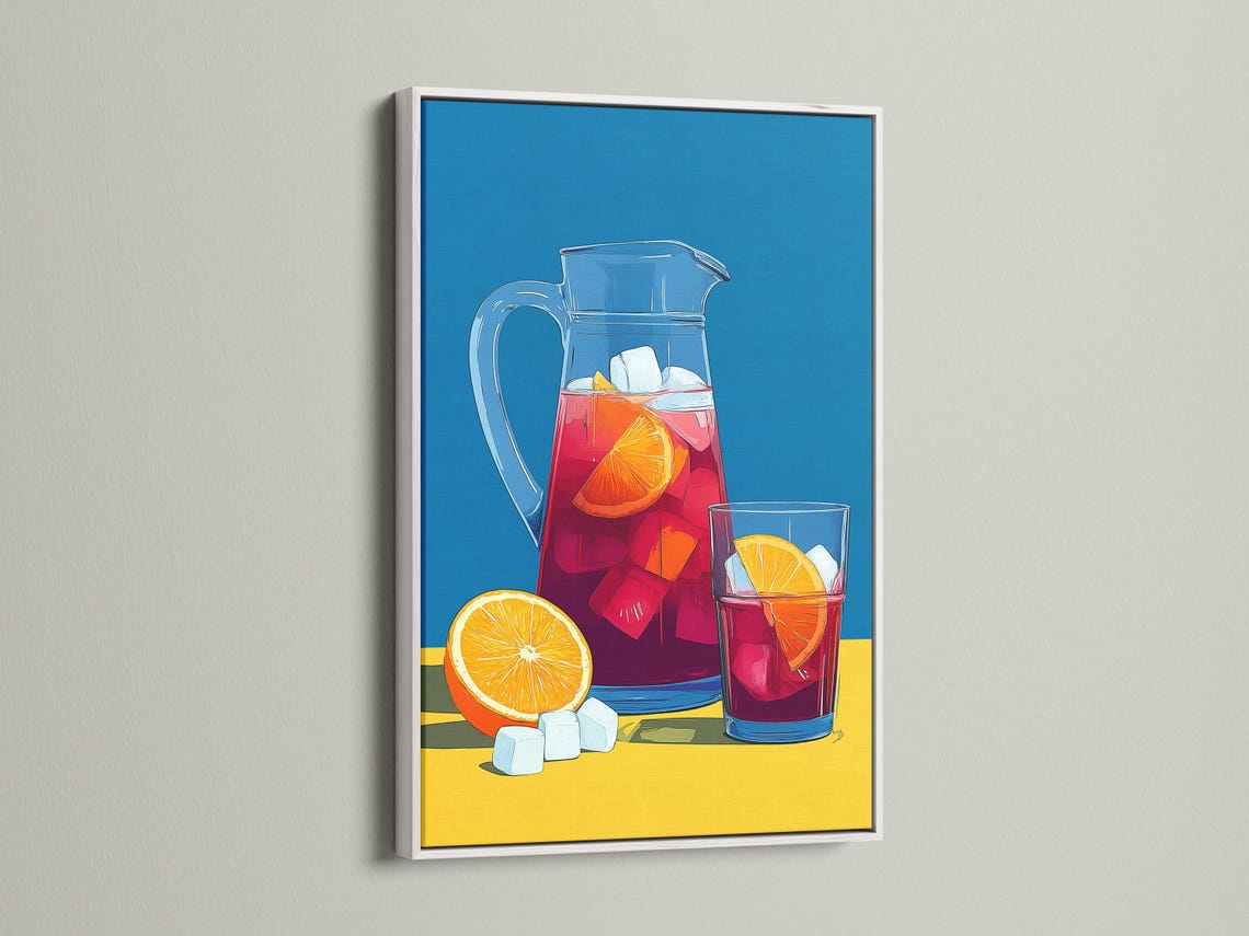 Illustrated still life of a glass pitcher with red drink, ice cubes, and orange citrus slices detail view