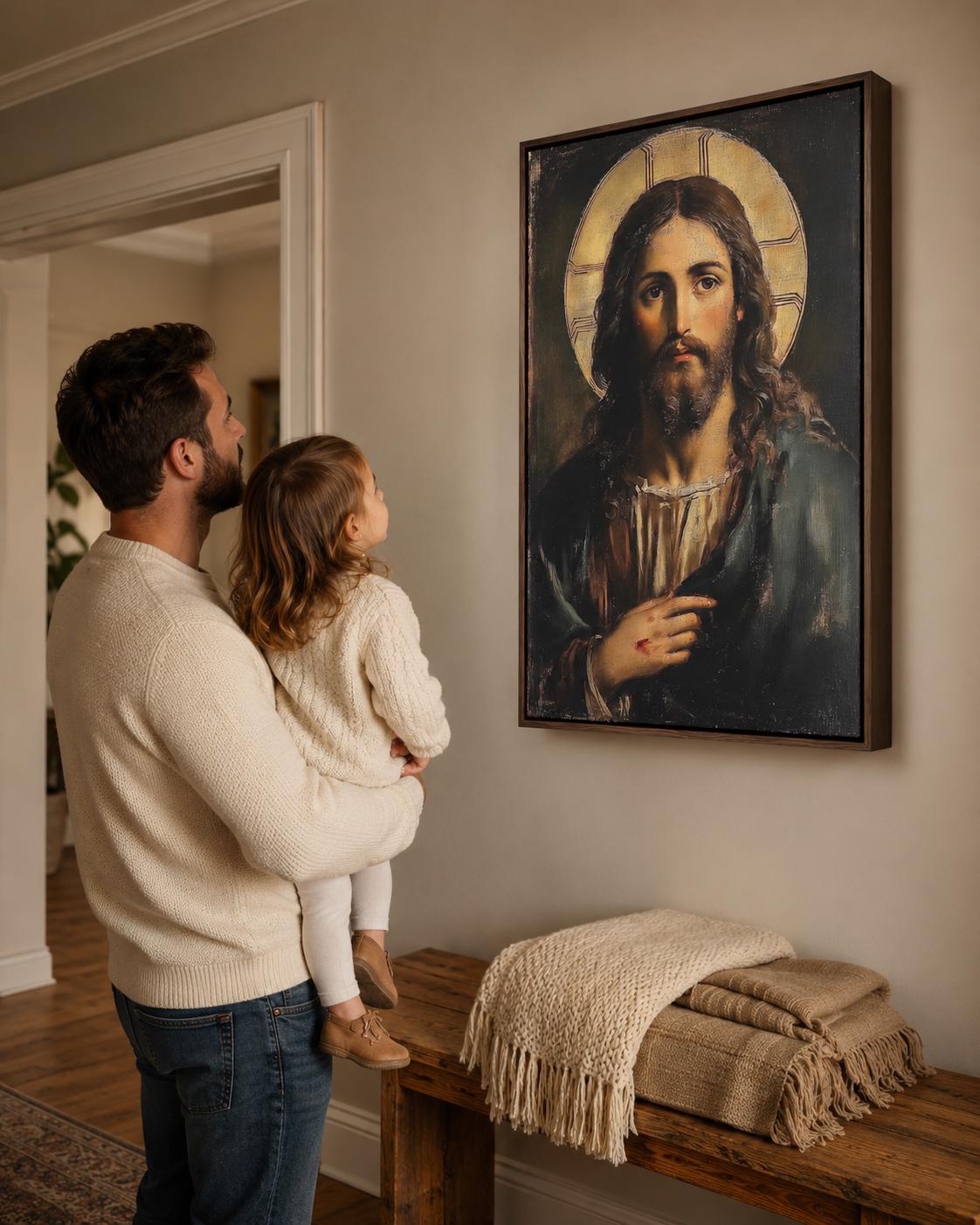 Jesus portrait with long dark hair and a glowing gold halo detail view