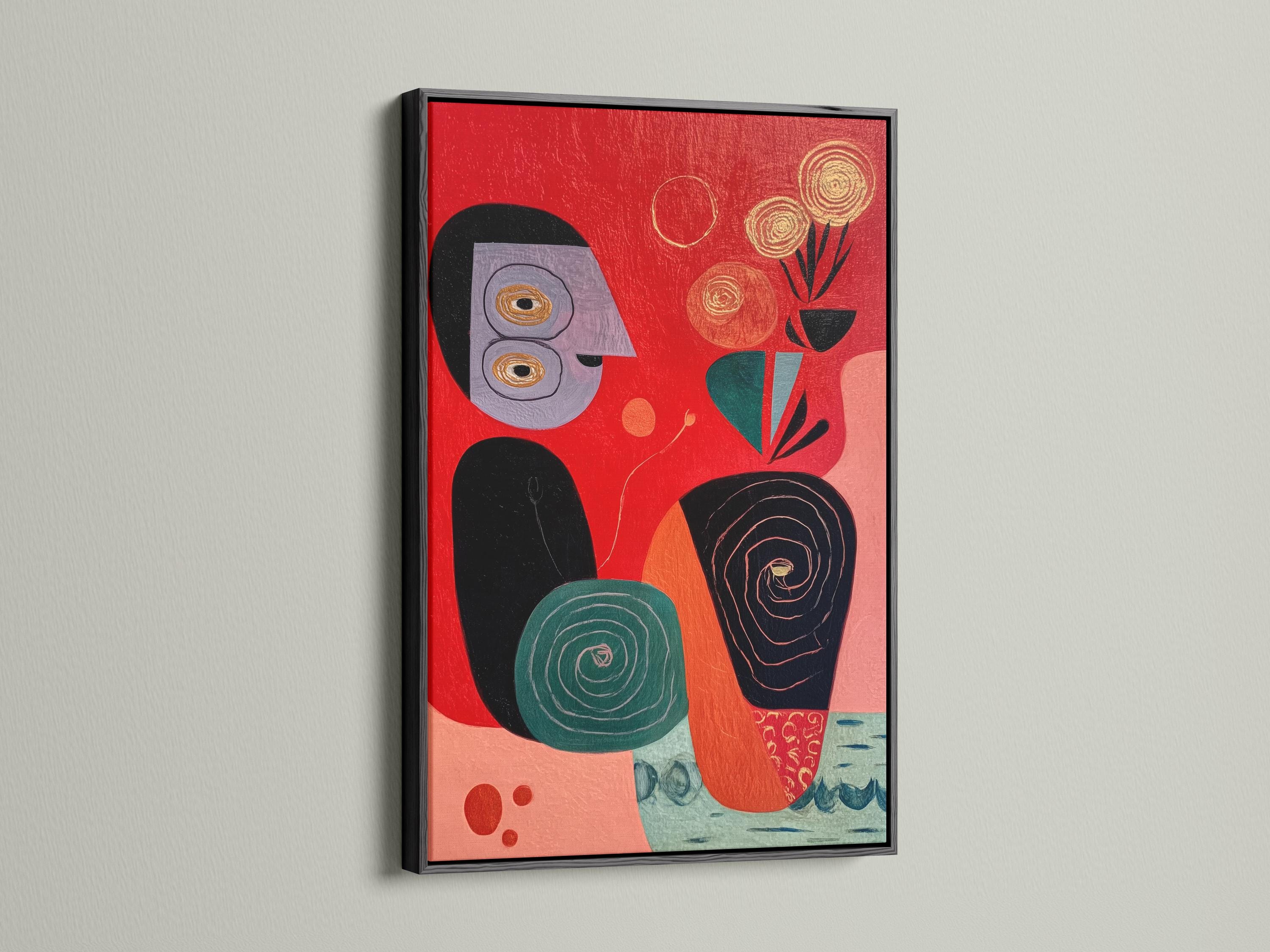 Abstract face artwork with red background, teal accents, black outlines and spiral details detail view