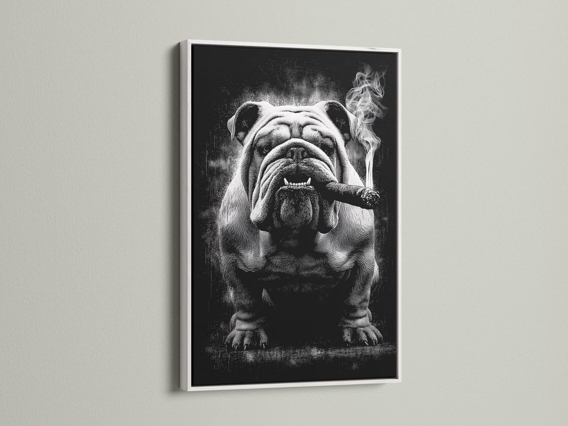 Monochrome bulldog portrait with a cigar and swirling smoke against a dark background detail view