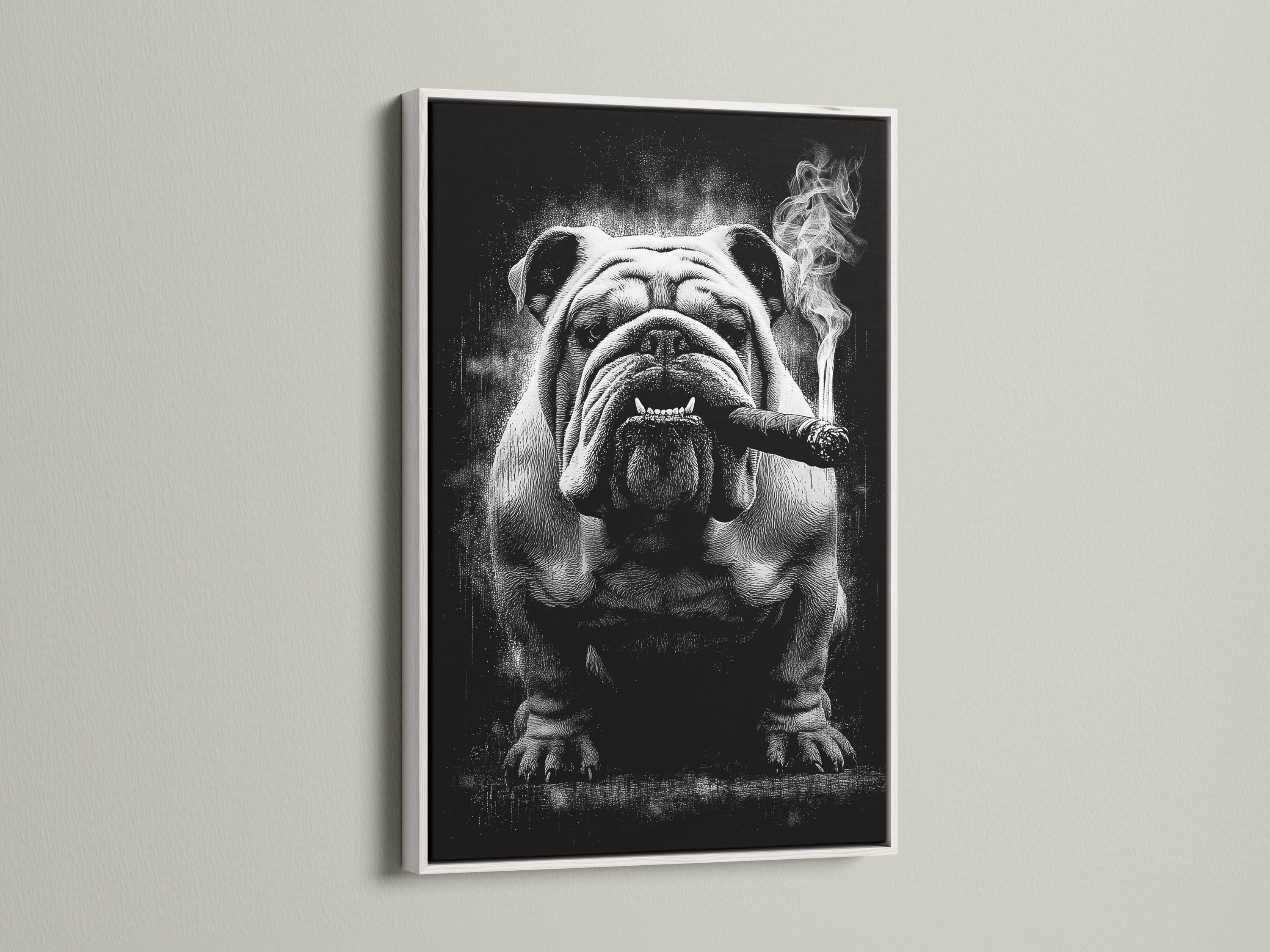 Monochrome bulldog portrait with a cigar and swirling smoke against a dark background detail view