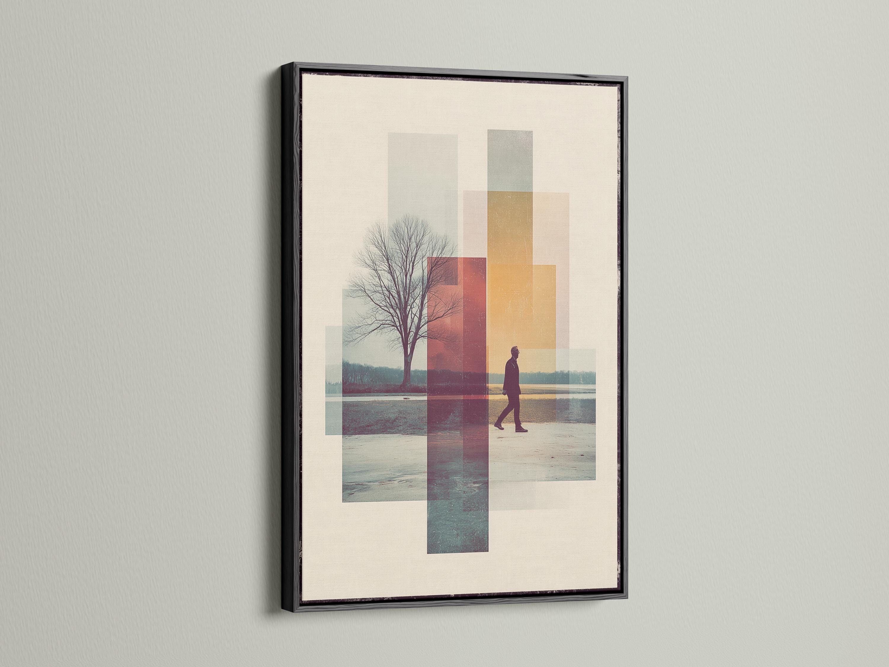 Beige abstract geometric landscape with a leafless tree and a walking figure detail view