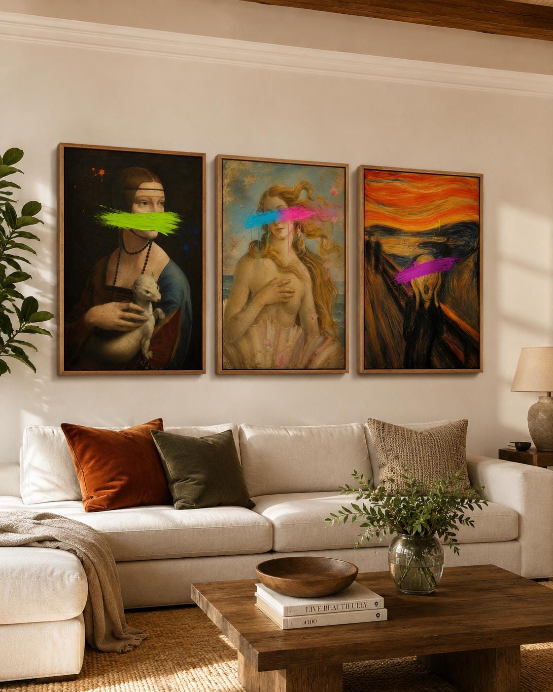Three framed classical portrait panels with neon brushstrokes across the faces and eyes detail view