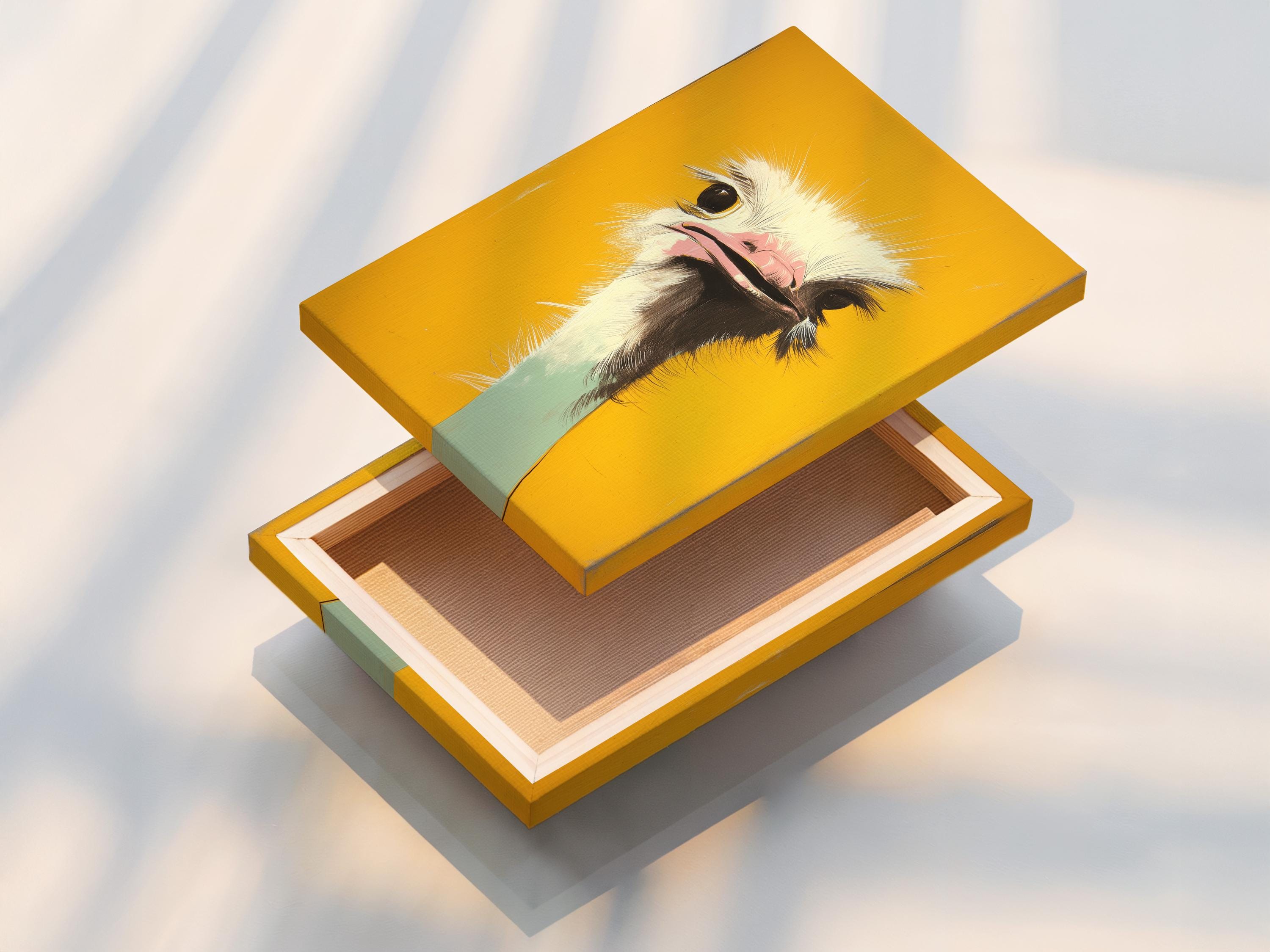 Stylised ostrich head portrait in mustard yellow with white feathers, dark eyes and a pink beak interior detail view
