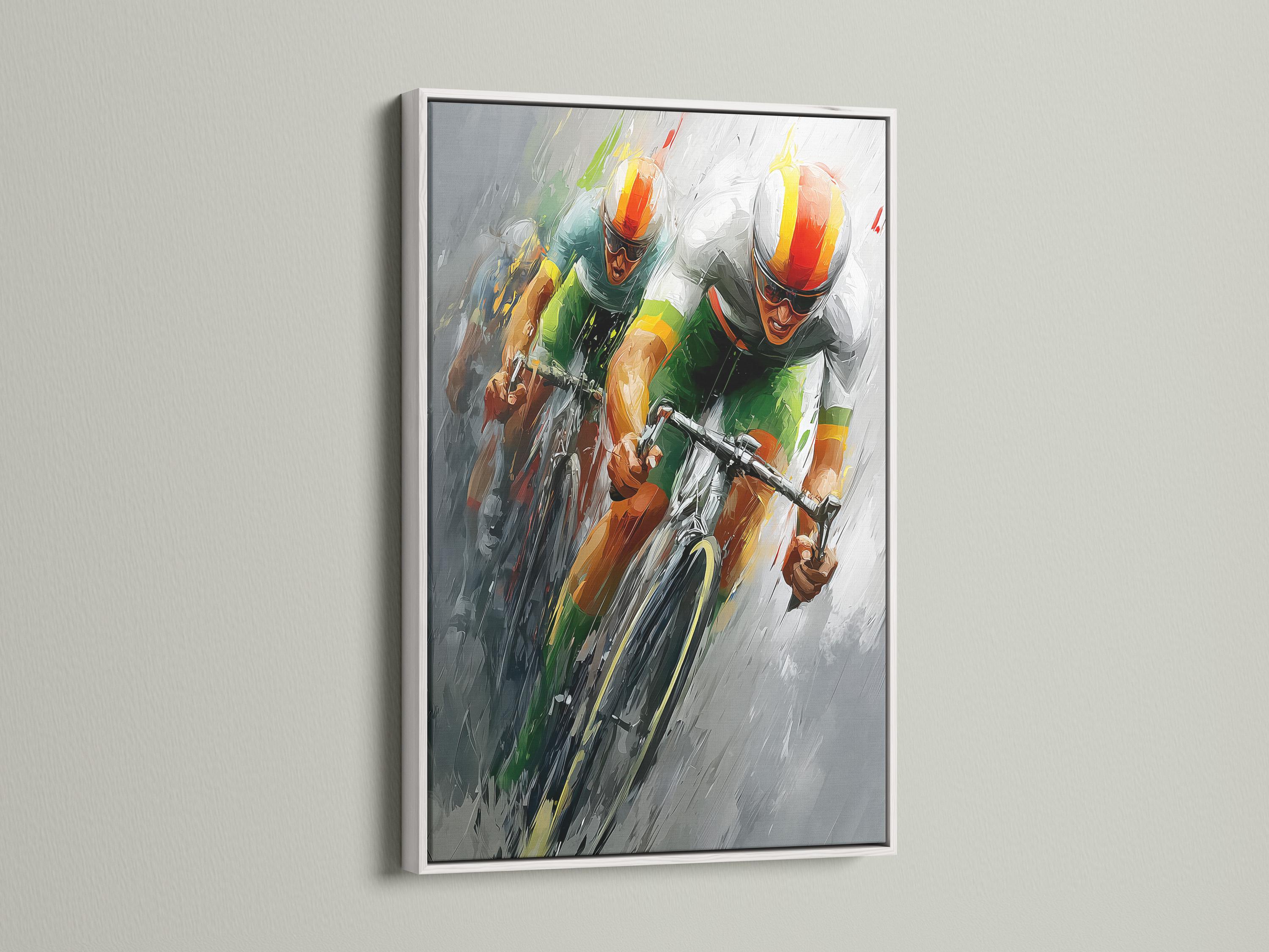 Room mockup showing framed abstract cycling artwork on a light wall