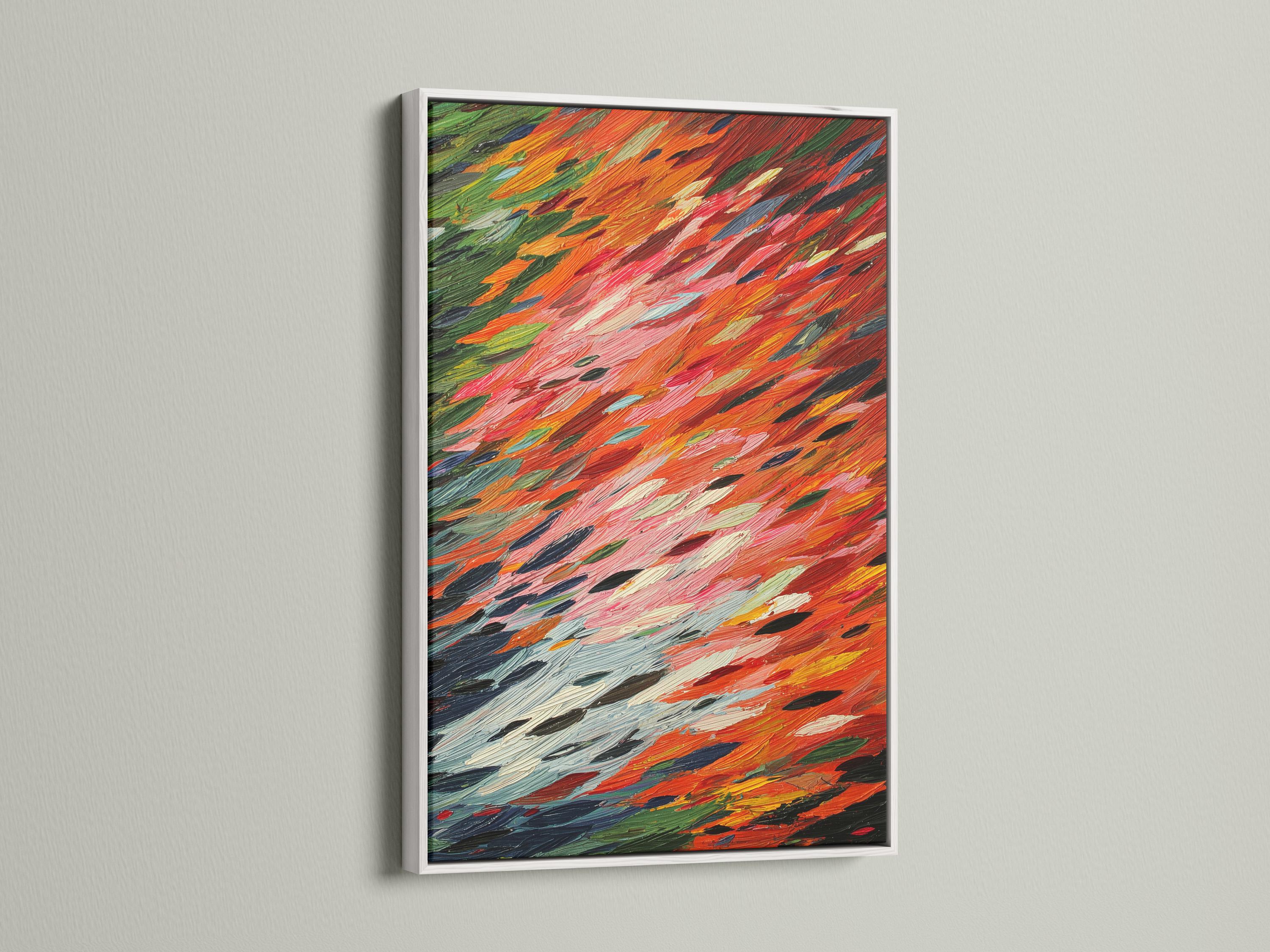 Abstract painting with orange-red, pink, green and dark navy brushstrokes in diagonal layers detail view
