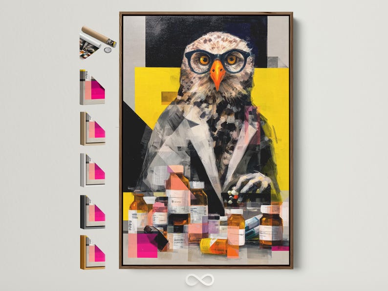 Geometric owl portrait with spectacles and lab bottles in black, grey, yellow and orange