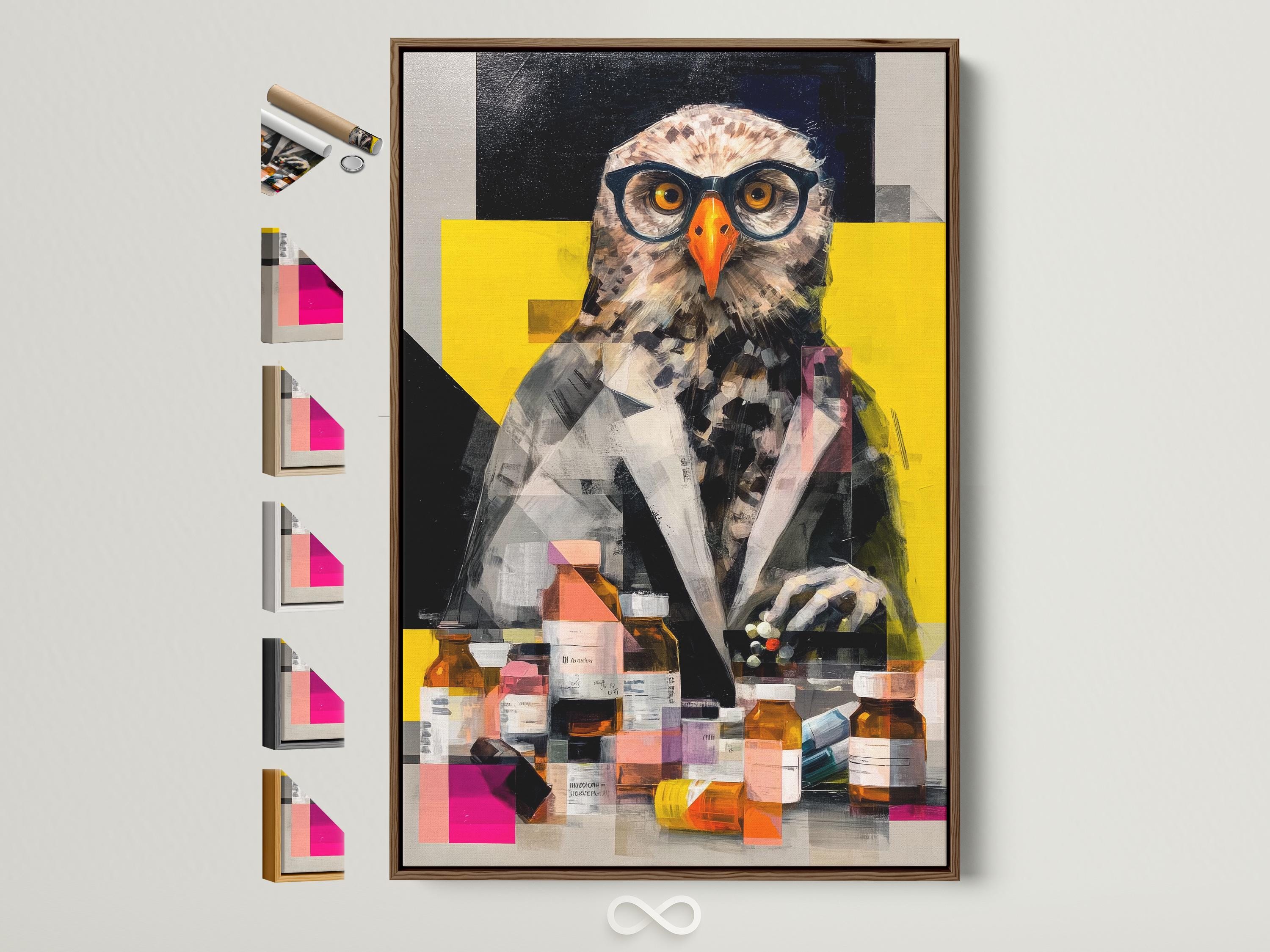 Geometric owl portrait with spectacles and lab bottles in black, grey, yellow and orange