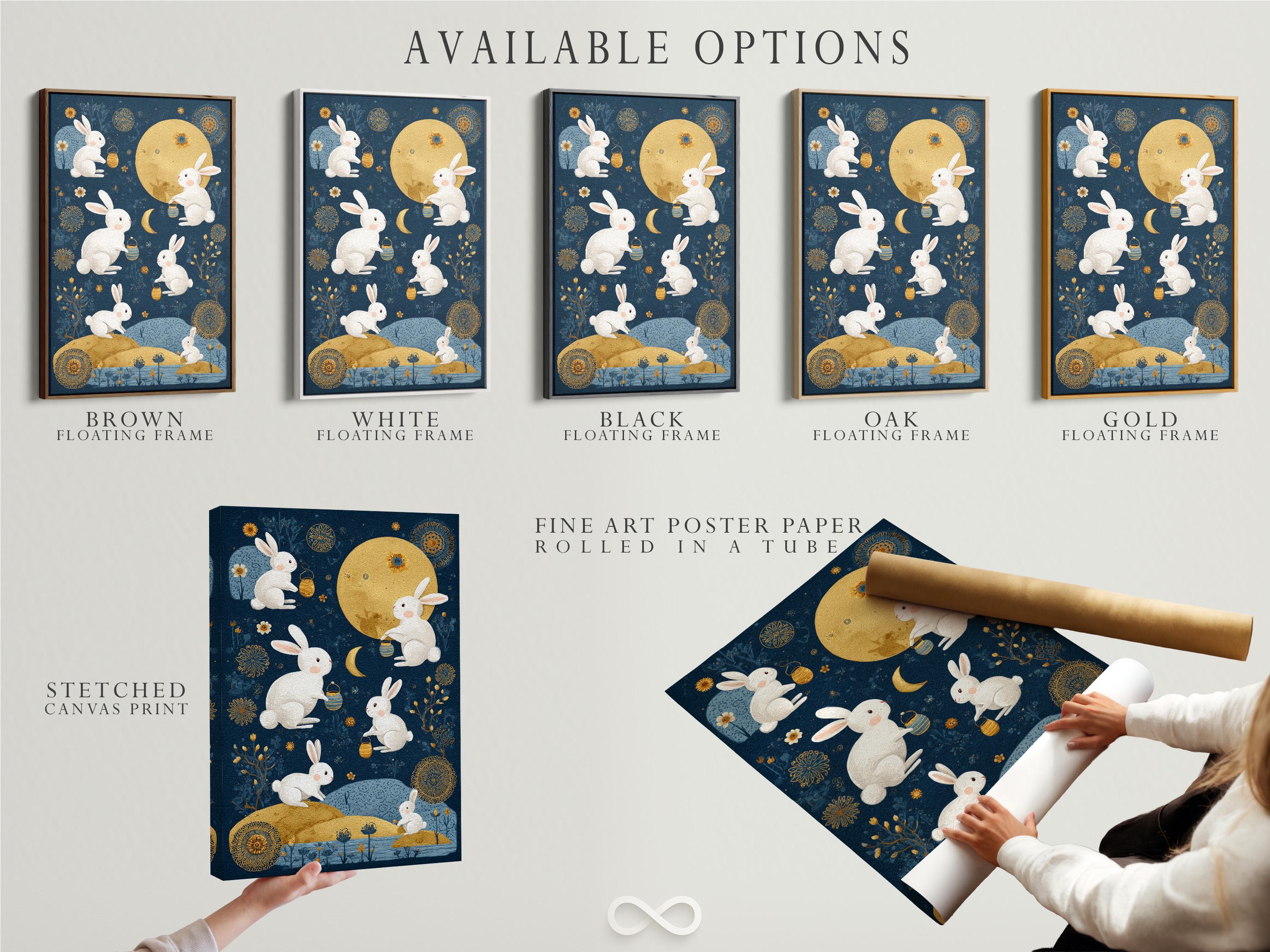 Celestial illustration of white rabbits around a gold moon on a midnight blue background detail view