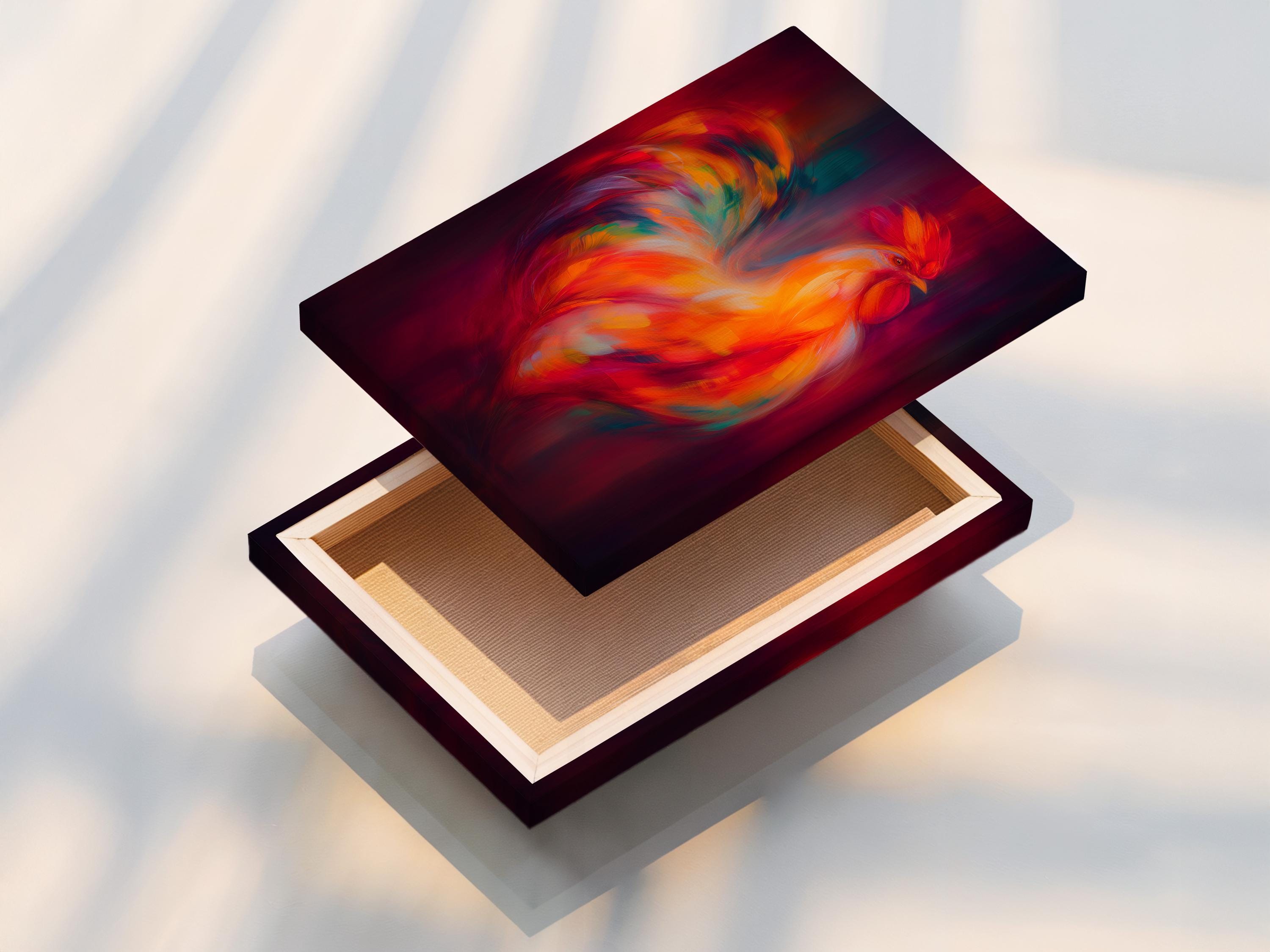A stylised rooster portrait in vibrant orange and red with a deep purple background detail view